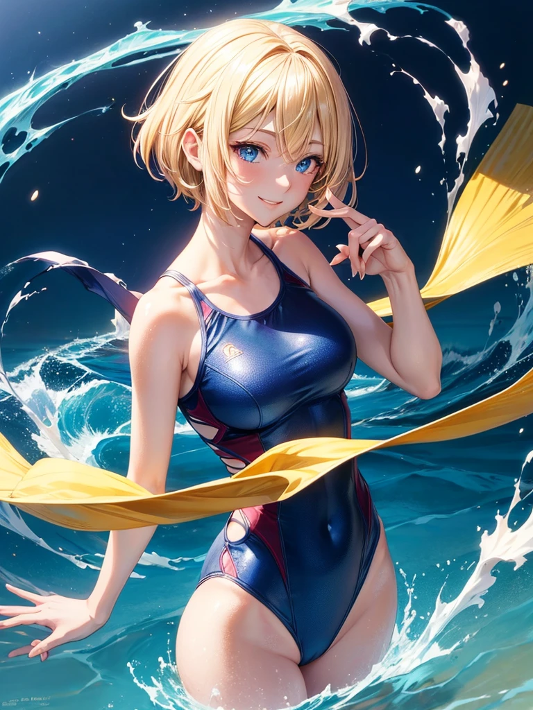 Japanese Anime style, super fine illustration, highly detailed, dynamic angle, beautiful detailed, pretty & charming anime girl with blonde straight short hair & blue eyes & a smile wears a swimsuit, blue lights, solo, perfect fingers, Japanese  anime style.