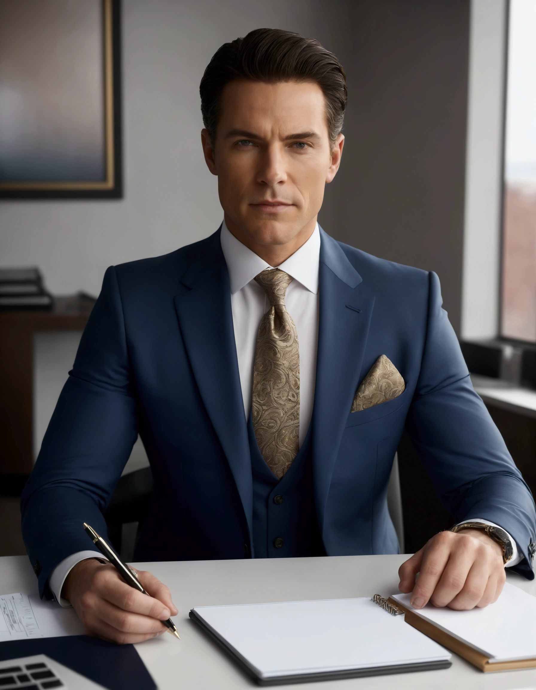 Dressed in a tailored suit, facing the prosecution in the courtroom, arguing in a fiery tone, desperate,
Professional, committed, high-quality portrayal,