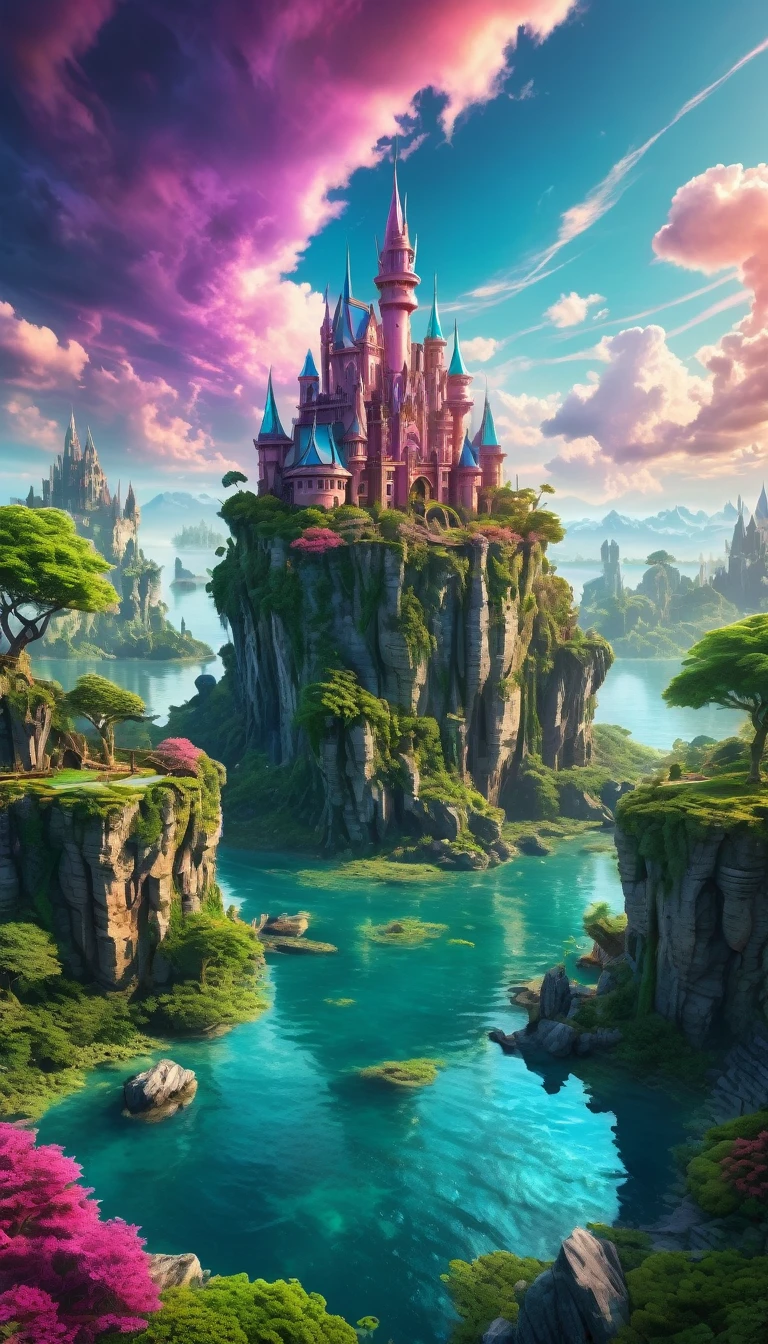 a fantasy landscape, magical castle, floating islands, mythical creatures, dragons, unicorns, dramatic sky, ethereal lighting, vibrant colors, lush foliage, rocky cliffs, surreal atmosphere, cinematic composition, epic scale, highly detailed, intricate architecture, fantastical elements, breathtaking scenery, masterful lighting and color, (best quality,4k,8k,highres,masterpiece:1.2),ultra-detailed,(realistic,photorealistic,photo-realistic:1.37)