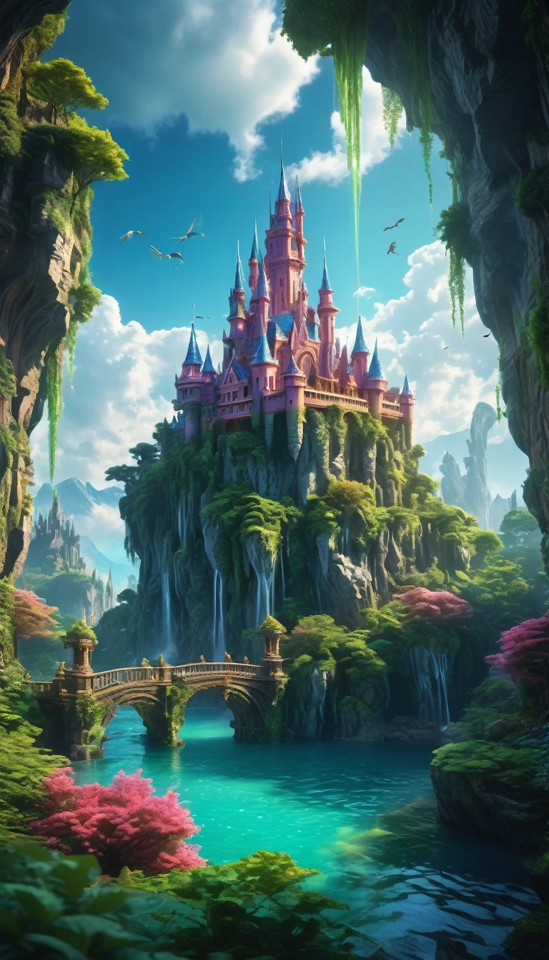 a fantasy landscape, magical castle, floating islands, mythical creatures, dragons, unicorns, dramatic sky, ethereal lighting, vibrant colors, lush foliage, rocky cliffs, surreal atmosphere, cinematic composition, epic scale, highly detailed, intricate architecture, fantastical elements, breathtaking scenery, masterful lighting and color, (best quality,4k,8k,highres,masterpiece:1.2),ultra-detailed,(realistic,photorealistic,photo-realistic:1.37)