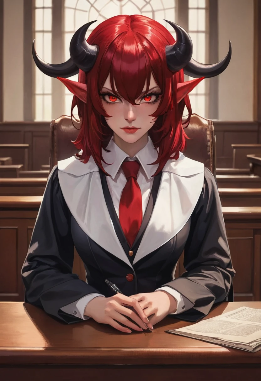 a picture of a female devil wearing barrister's wig and cloak in courtroom, a devilishly beautiful devil, ((anatomically correct: 1.5), (ultra detailed face: 1.2), best detailed face, (red skin: 1.3), two black horns, wearing white button shirt, red tie, English barrister's wig, 