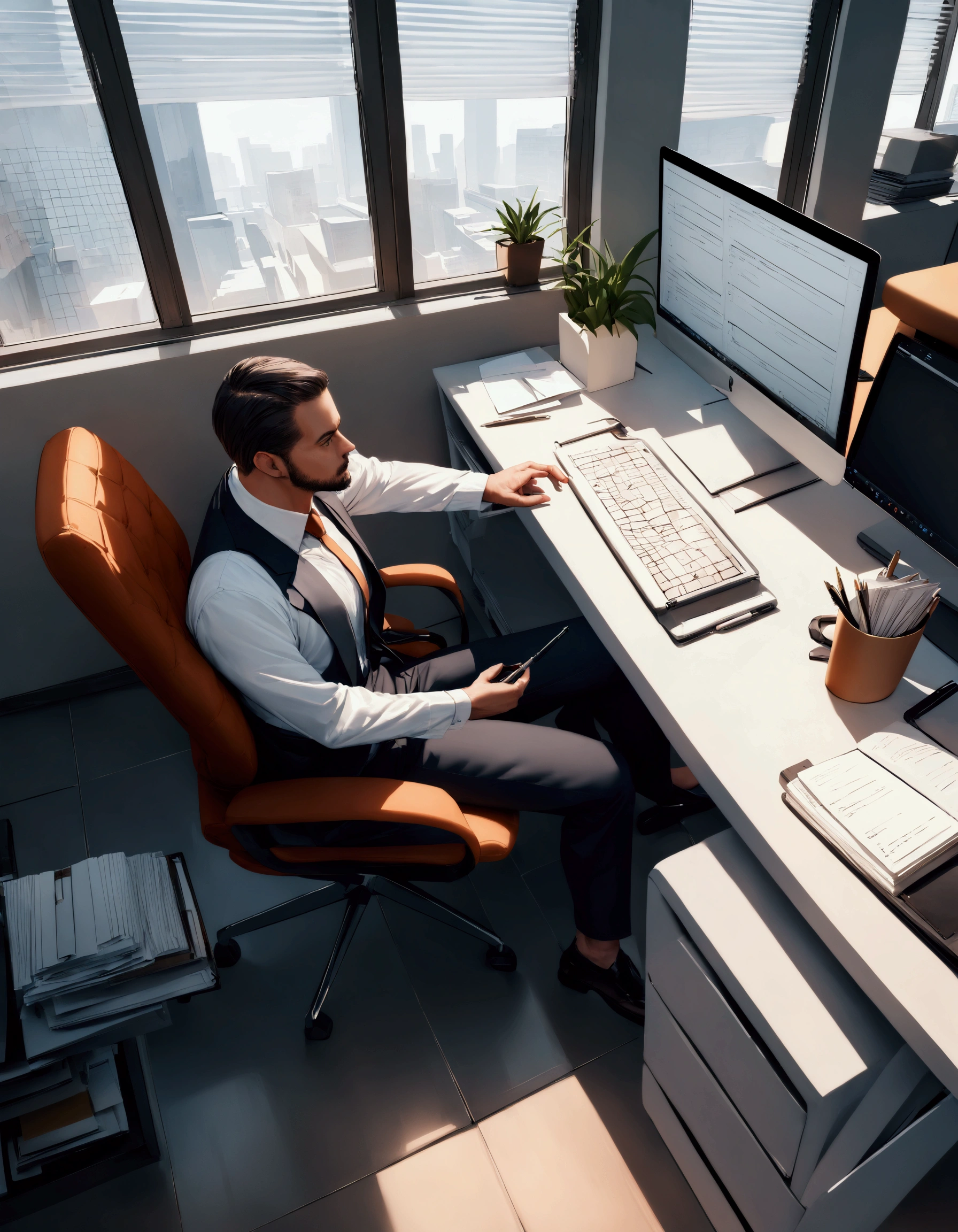 A photorealistic image of a professional lawyer in a modern office setting, Dressed in a tailored suit, Seated at a sleek, contemporary desk, Focused, holding a notepad and pen (implying a busy work session), Serious demeanor, reflecting dedication, gold lawyer's badge on jacket, Large windows on the top-left, allowing natural light to flood the room, State-of-the-art technology including a large screen display on the top-right, Ergonomic office furniture with a stylish chair on the bottom-left, Sleek, contemporary desk with documents and a laptop on the bottom-right, Overall atmosphere: professional, dedicated, bright, welcoming, efficient, Modern and professional, Minimalistic and functional, High-quality depiction,