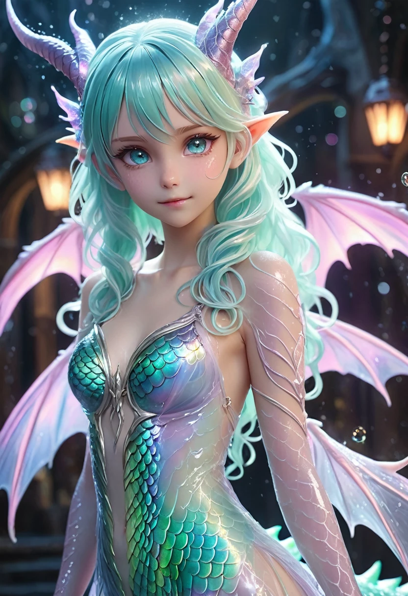 (Realistic:1.4), masterpiece, best quality, (Anime:1.4), pastel anime dragon girl, slime, wet look, shimmering lights, whirls of vapor, iridescent textures, dragon scales, dragon horns, dragon wings, translucent scales, neon light, ethereal ambiance, delicate details, magical atmosphere