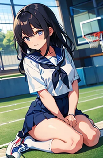 School gym　Basketball court　-year-old　Large Breasts　B Hairng Hair　The eyes are purple　smile　（（1 person））　White half-length sleeve sailor suit　Navy blue mini skirt　White panties　White socks　Indoor sports shoes　In physical education、Raise both knees and support them with your arms、Sit with your butt on the floor。　Triangle sitting（（White pantiesが見える））　from the front　Dynamic Angle　Low Angle