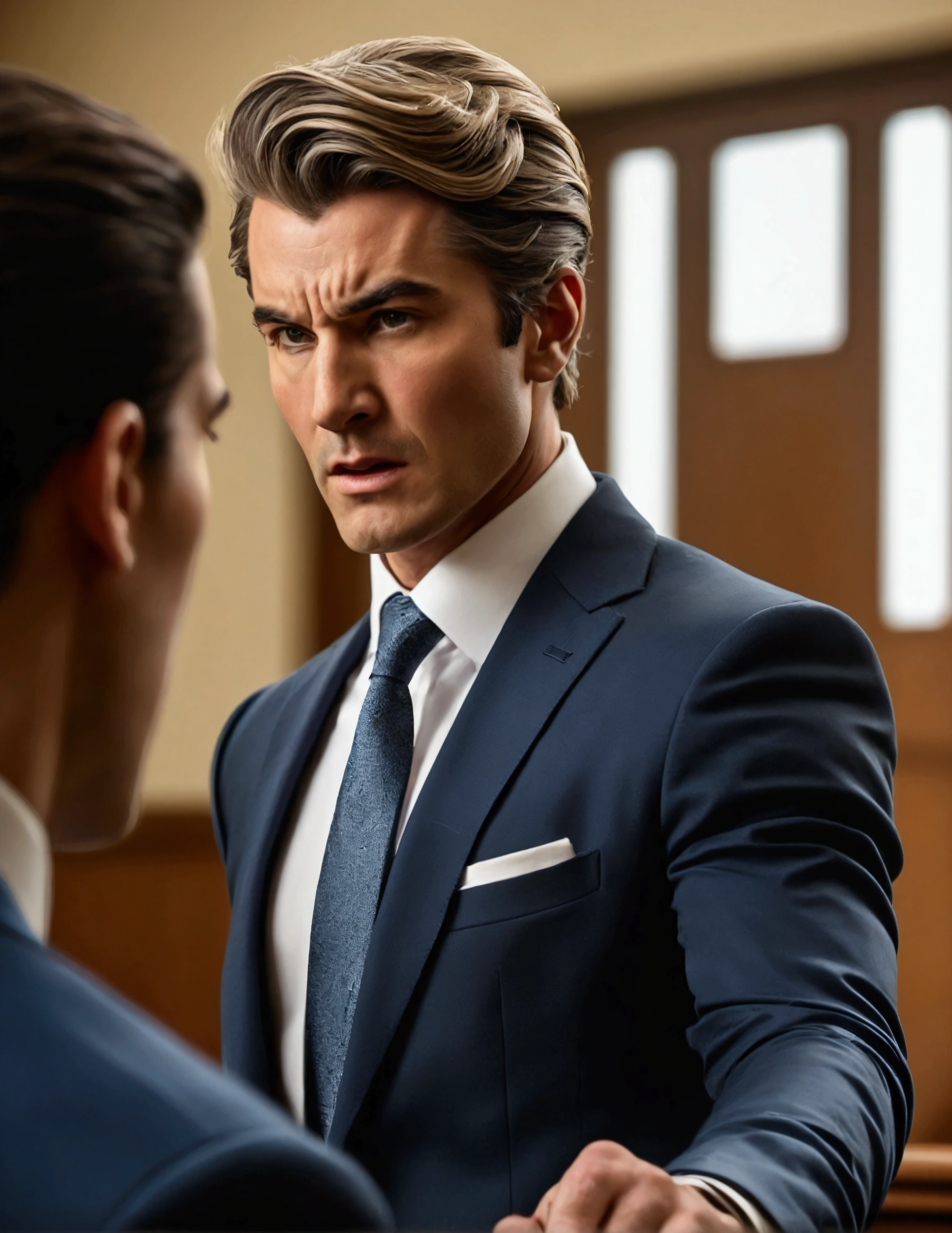 Dressed in a tailored suit, facing the prosecution in the courtroom, arguing in a fiery tone, desperate,
Professional, committed, high-quality portrayal,