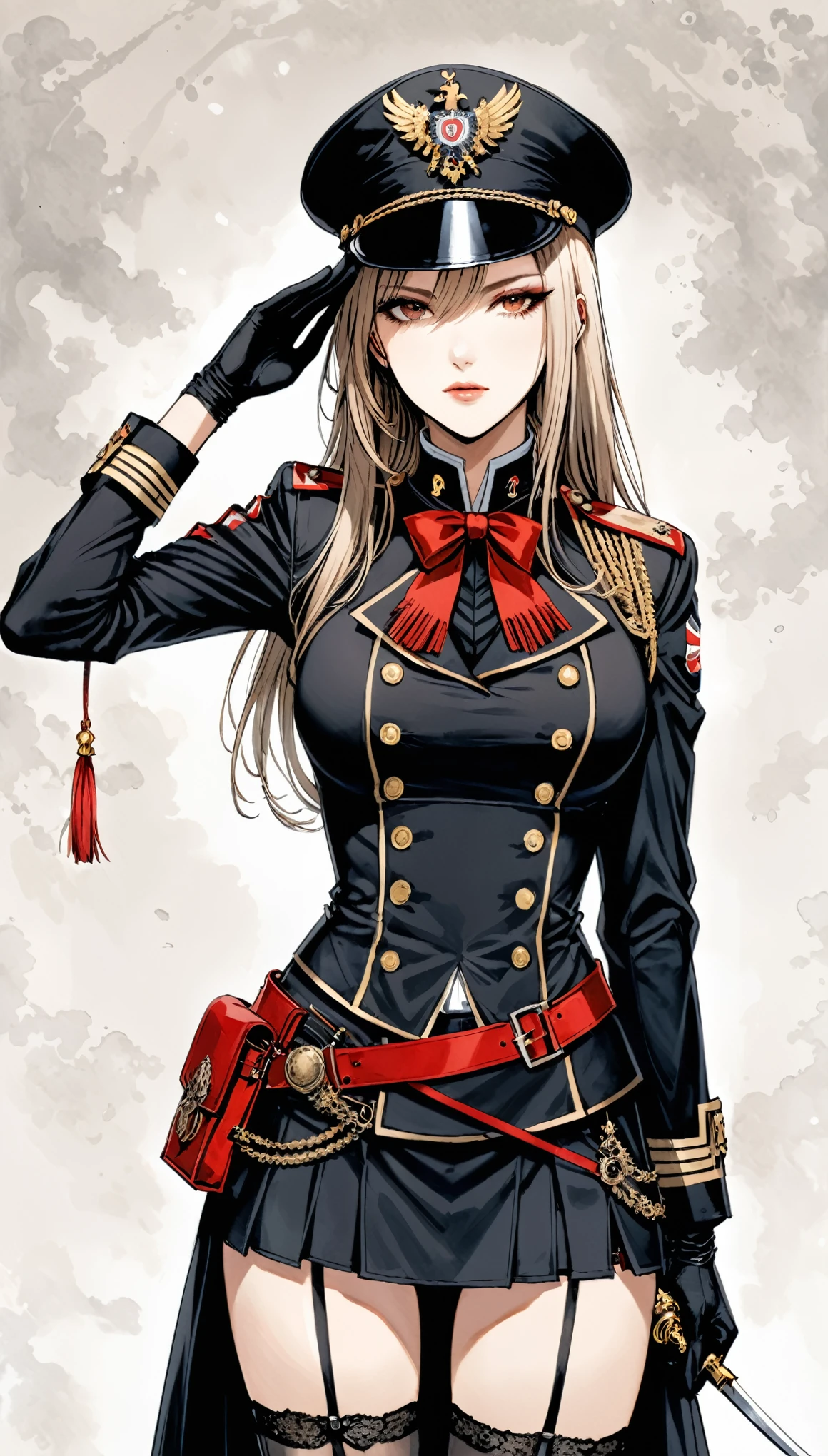 in style of Santiago Caruso,1girl,London Fashion,Female Agent,black,Garter,Military cap,black军装,black筒裙,(From the front:2.0),New era,银色Long hair,Ponytail,Long hair,cowboy shot,looking at viewer,(bangs_pinned_back:1.0),salute,Look at people,A rapier and scabbard are worn at the waist,Red tassel ribbon,