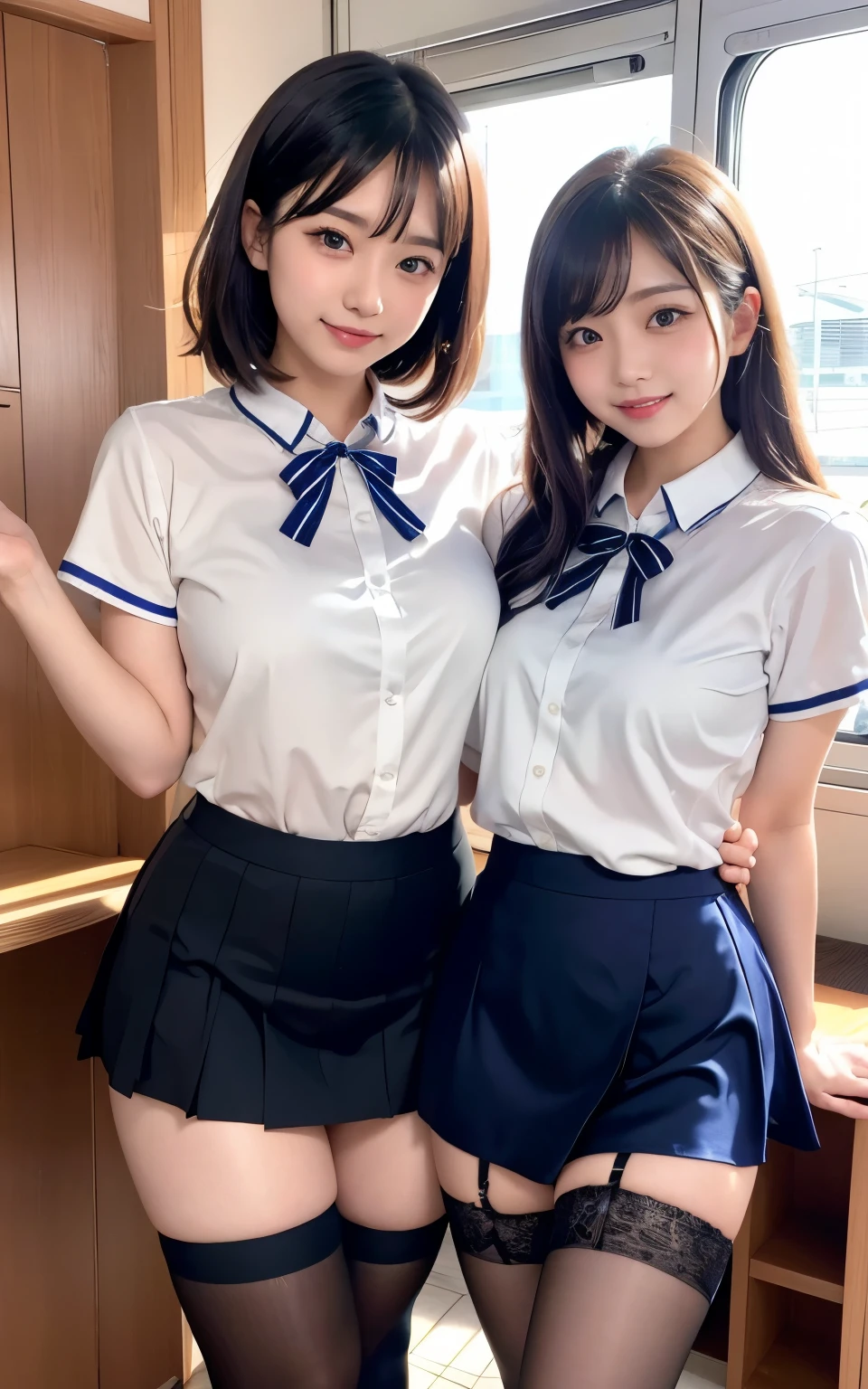 2 girls standing in wooden school classroom,short-sleeved long white shirt with bow tie,white bikini bottom,white over-the-knee socks,18-year-old,bangs,a little smile,thighs,knees,short hair with low pigtails,from before,front light