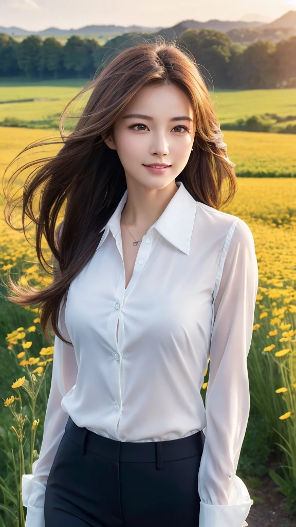 highest quality、genuine、Super detailed、finely、High resolution、8k wallpaper、one beautiful woman、、、light brown disheveled hair、wearing a business suit、sharp focus、perfect dynamic composition、beautiful and detailed eyes、thin hair、Detailed genuine skin texture、smile、model body shape、In a windswept meadow