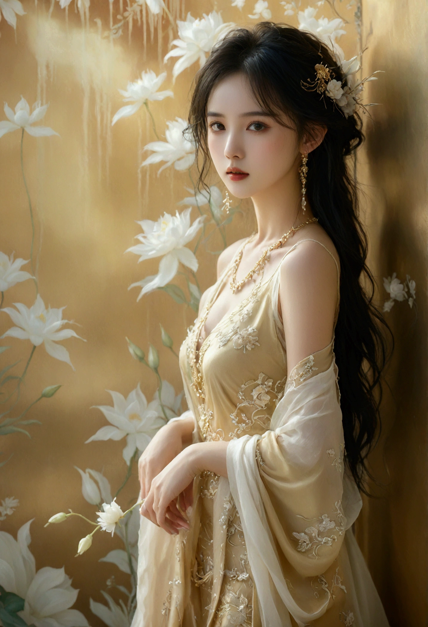 A picture of a very realistic, image of a beautiful Thai-Chinese woman, Elegantism, Art deco-inspired, jewelry design, smooth silk gold attire, goddess, Thai artistic, Full body shot standing front of soft pastel satin wall, blooming, surreal dreamscape painting --c 33 --s 999 --v 6.0 --iw 1.5 --ar 5:8