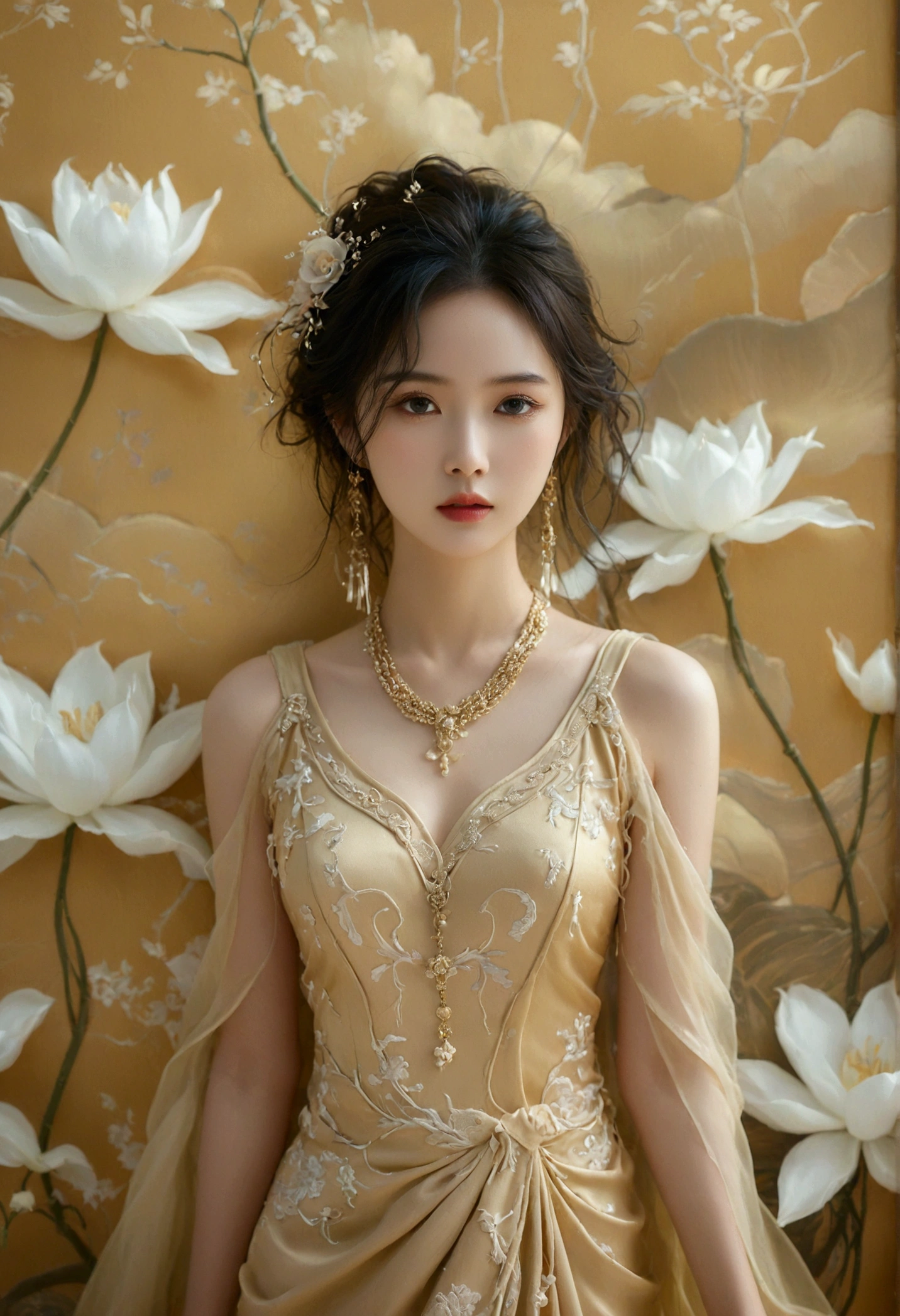 A picture of a very realistic, image of a beautiful Thai-Chinese woman, Elegantism, Art deco-inspired, jewelry design, smooth silk gold attire, goddess, Thai artistic, Full body shot standing front of soft pastel satin wall, blooming, surreal dreamscape painting --c 33 --s 999 --v 6.0 --iw 1.5 --ar 5:8