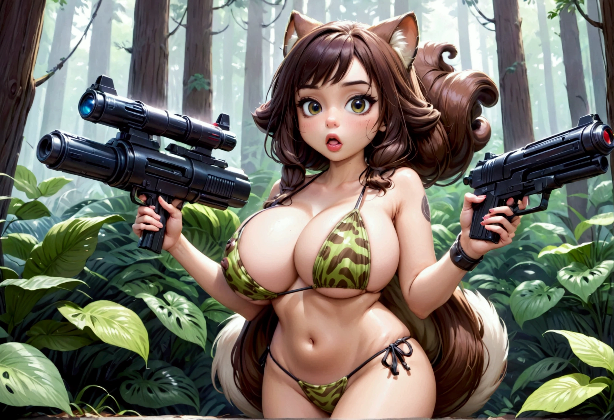 Star Wars, a chipmunk themed alien woman (sexy furry bikini, huge eyes, huge breasts, athletic, body fur, blaster pistol, cute) is sneaking up on an Imperial base. Forest