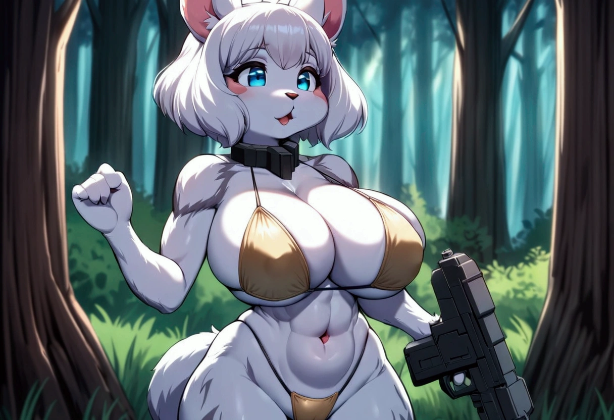 Star Wars, a chipmunk themed alien woman (sexy furry bikini, huge eyes, huge breasts, athletic, body fur, blaster pistol, cute) is sneaking up on an Imperial base. Forest
