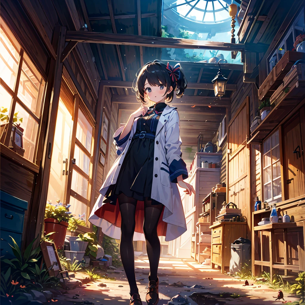 Masterpiece, highest quality, high resolution background, bright and beautiful atmosphere, 1 girl (, 1 short-tempered round face), 1 person (hair, surface effects), small breasts, insect cage (contains dirt, ants) Dozens of them are building nests) Old housing complex, cute clothes, free research during summer vacation, "deltamon_sdXL :0.73) >Deltamon"