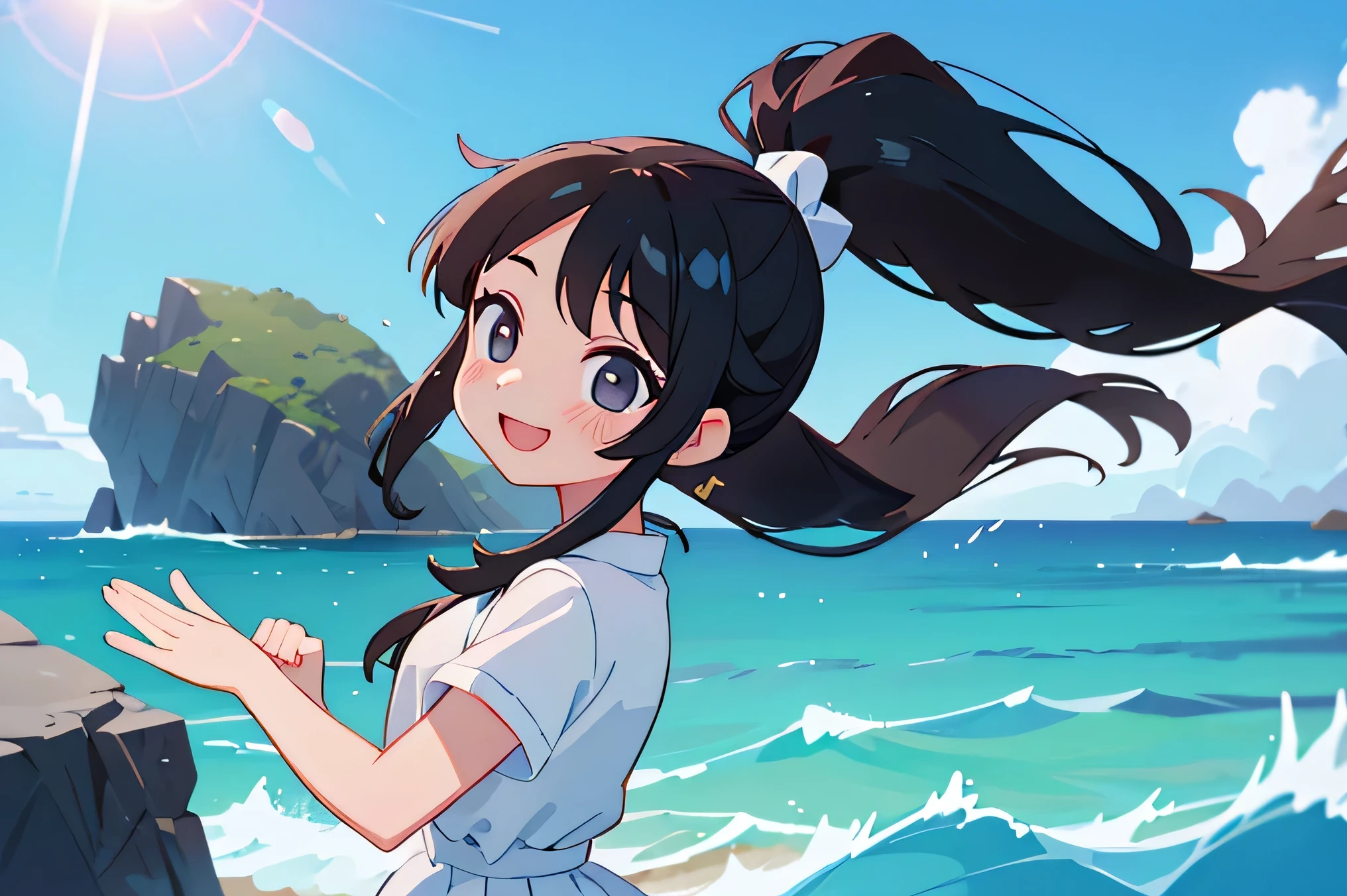 Girl、Long Black Hair、ponytail、White dress、summer、sunlight、blue sky、coastal、smile