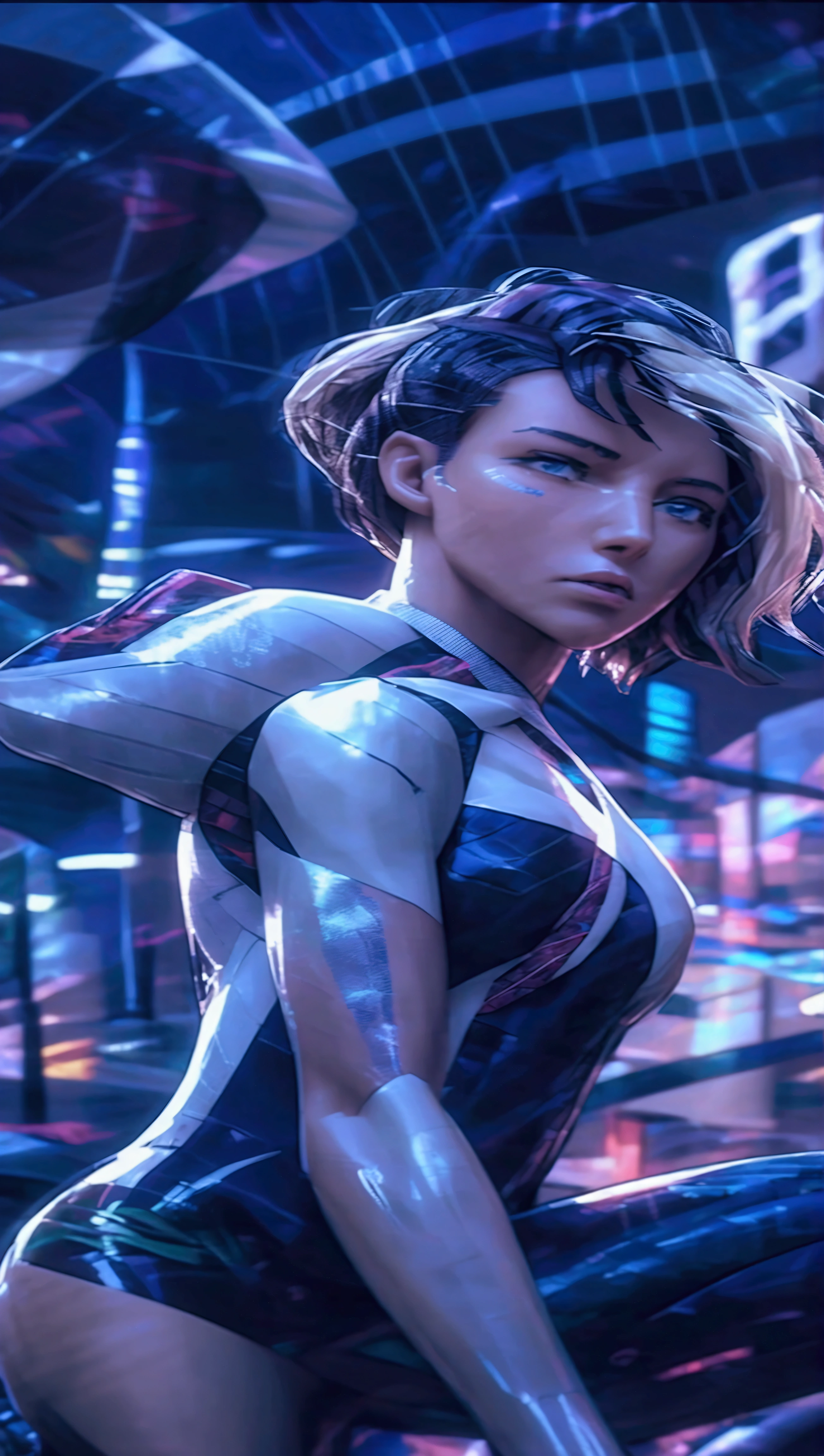 blonde girl, with a slim body but with a big butt, sitting on her back in her tight Spider-Gwen costume, looking over the shoulder.