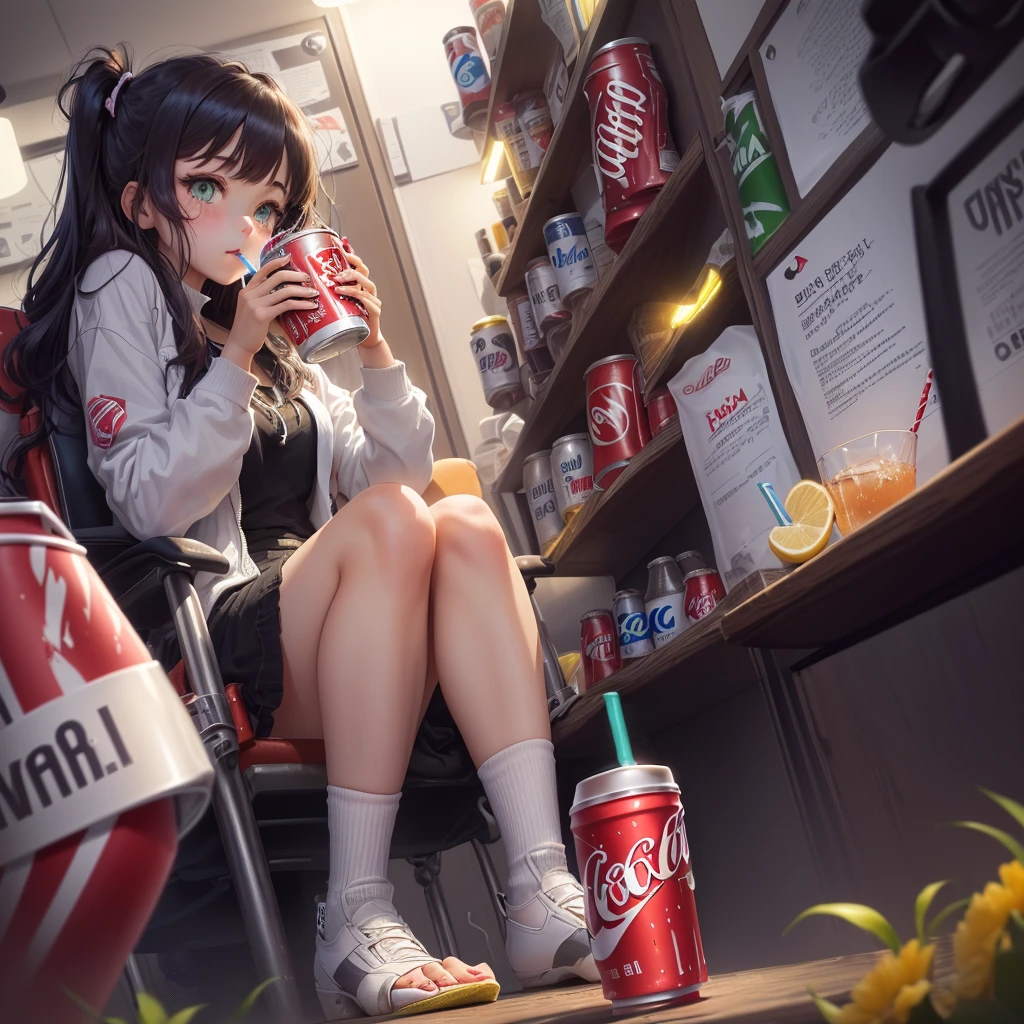 a cartoon image of a girl holding a can of soda, anime girl drinks energy drink, is ((drinking a cup of tea)), awkwardly holding red solo cup, drinking a bottle of coca-cola, heavily downvoted, soda, very thirsty, very sad, soda themed girl, sad, very sad c 12.0, with a drink, 🍸🍋