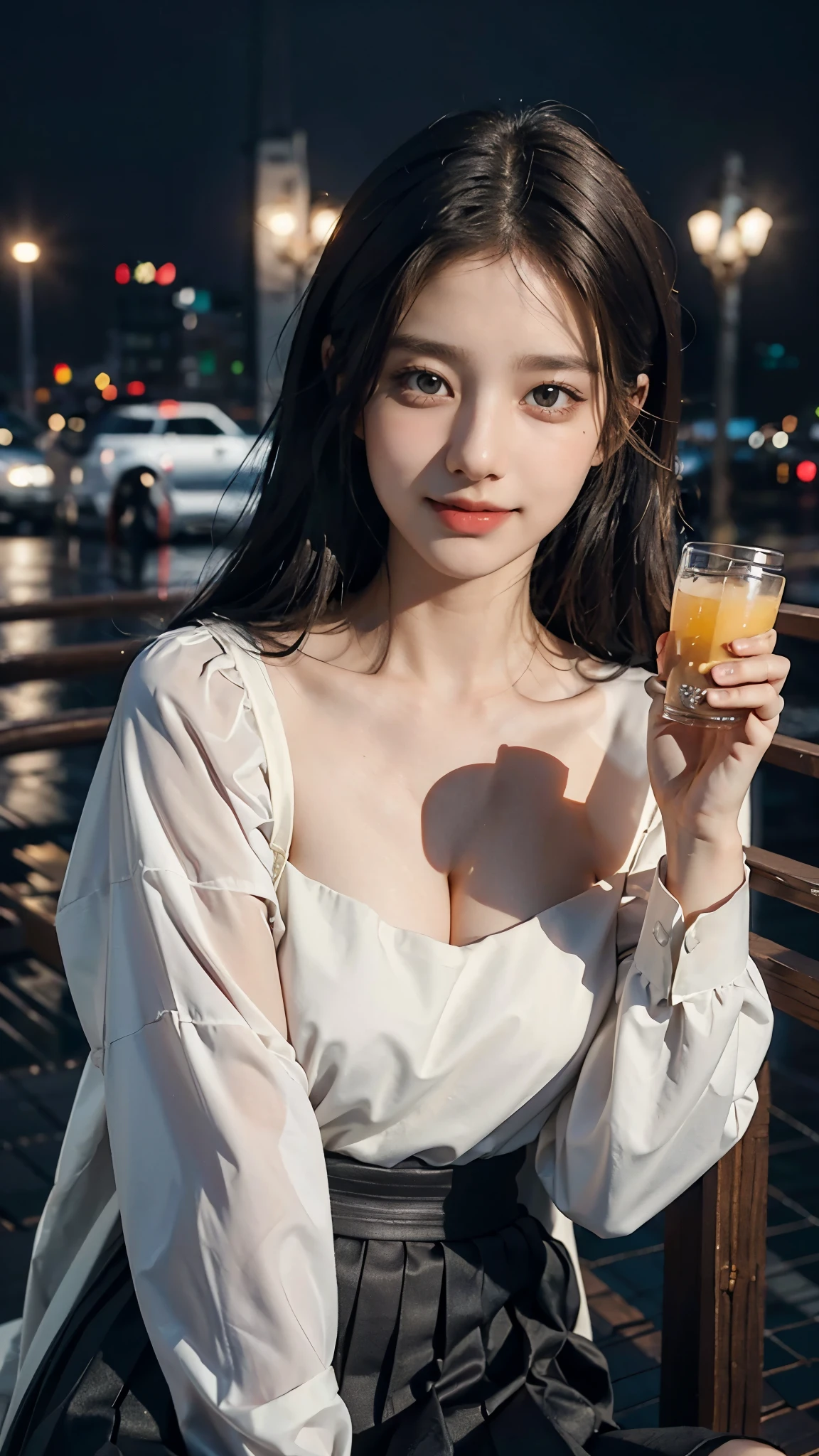 (RAW photos, best quality), (realistic, photorealistic: 1.2), (round face: 1), 1 girl, selfie outdoor, (high detail skin: 1.2), (puffy eyes), (lying silkworm), smile, collarbone, air bang, straight brown black hair, pure black pleated skirt, soft lighting, high quality, cityscape, skyline, night, rain, wet, professional lighting, Photon mapping, radiosity, physically based rendering,