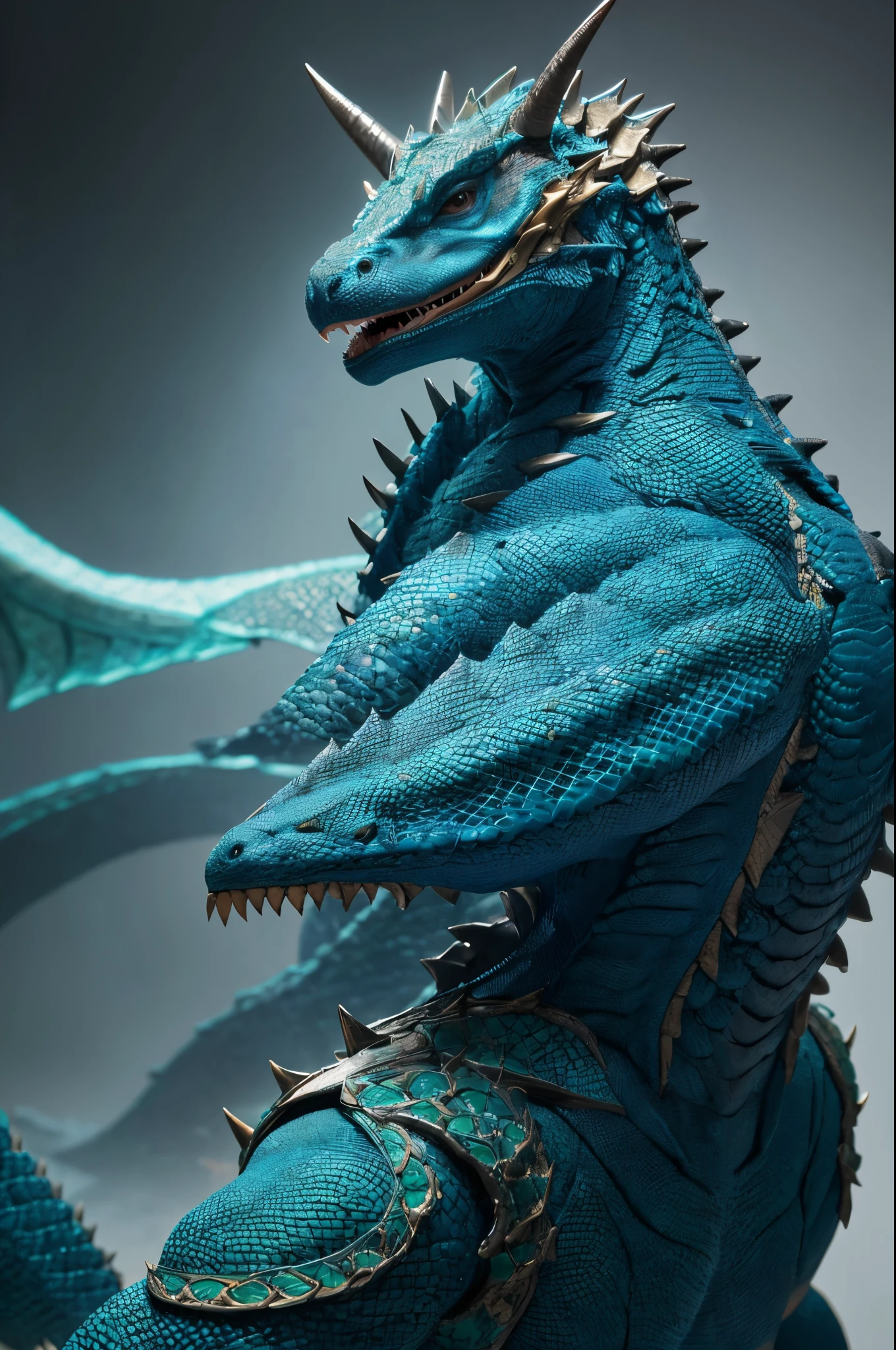 Shit._SF Anthropomorphic Komodo Dragon King. Show your whole body. The skin color is blue-green. Has horns on its head. Armor with Intricate details. Rich texture of scales. Professional studio photography. Ultra-realistic, Intricate details