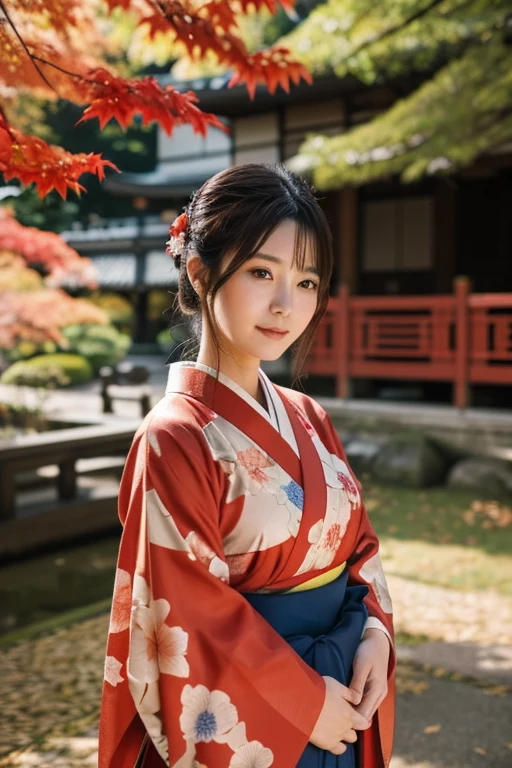 「In an old-fashioned Japanese garden、Japanese woman wearing a beautiful kimono。In the background, there are maple trees with red leaves.。