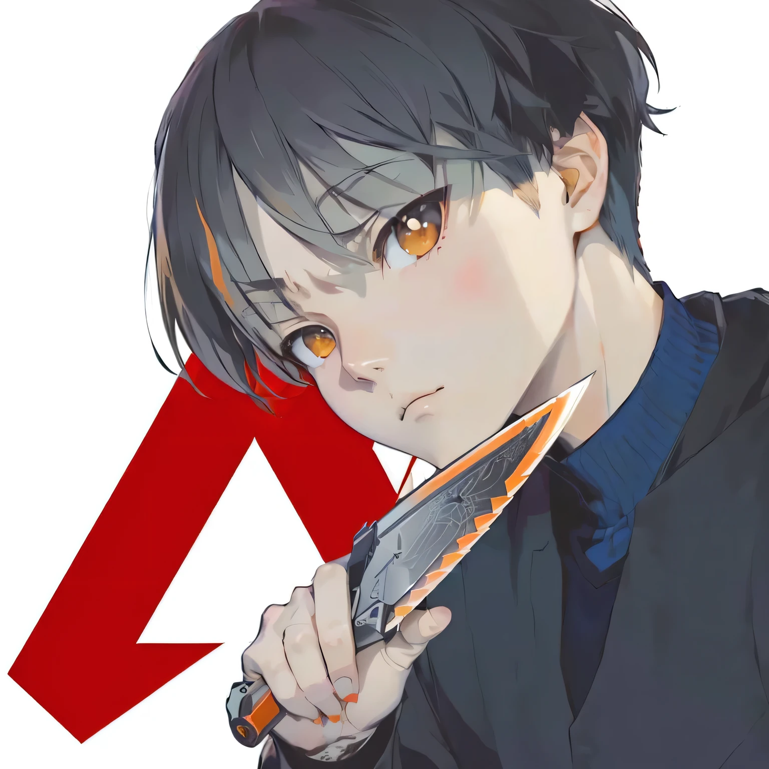 Cartoon boy with a knife and a red arrow pointing right, shigenori soejima illustration, trigger anime art style, ( ( ( yoh yoshinari ) ) ), Junji、4K, Official Art, Wield a knife, shuushuu anime image, Ginkgo tree showing new insects, Official Fan Art, Zero-chan
