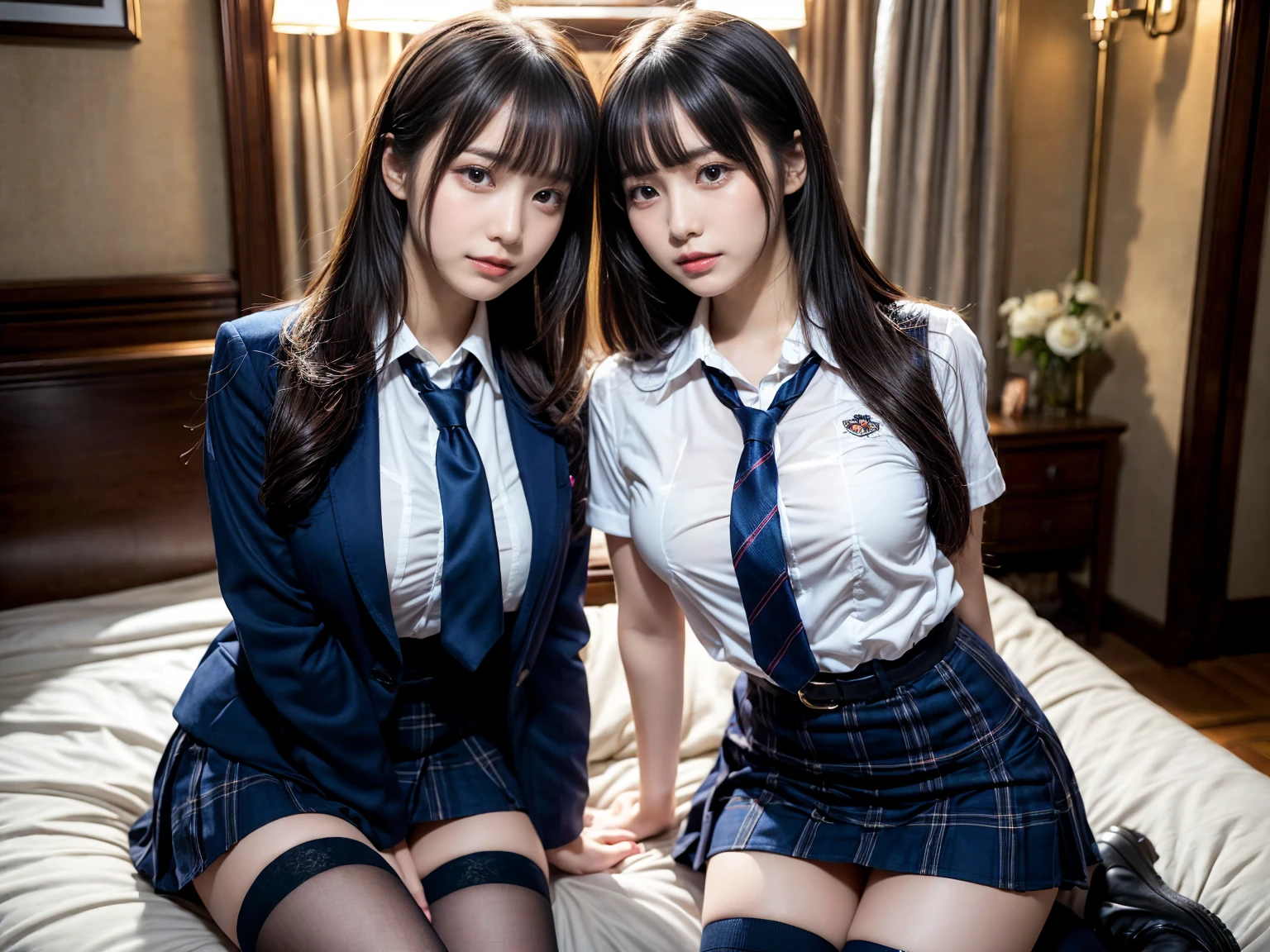 masterpiece, best quality, illustration, Super detailed, fine details, High resolution, 8K,wall paper, perfect dynamic composition,(Details High quality, realistic depiction of eyes:1.3), ((2 girls, 2 schoolgirls)), The background is a luxury hotel room、High school girl uniform、blazer 、Super Short Check Uniform Skirt、Navy blue high socks、garterbelts、Colossal tits、Disturbed uniform, Play with each other,Touching each other's bodies,Touching the body of the girl next door, short bob hair, black hair color, huge breasts, Big Natural Color Lip, bold sexy pose, (perfect body shape), crying a little、Harajuku style、Beautiful makeup,glitter makeup,Cutest 18 years old, beautiful legs, hposing Gravure Idol, Voluptuous thighs