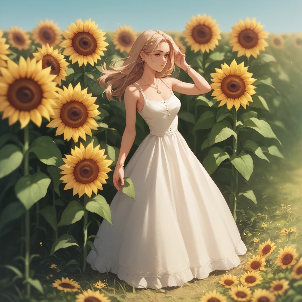 A field of sunflowers in the middle stands a 20 year old girl with a dress printed with sunflowers

