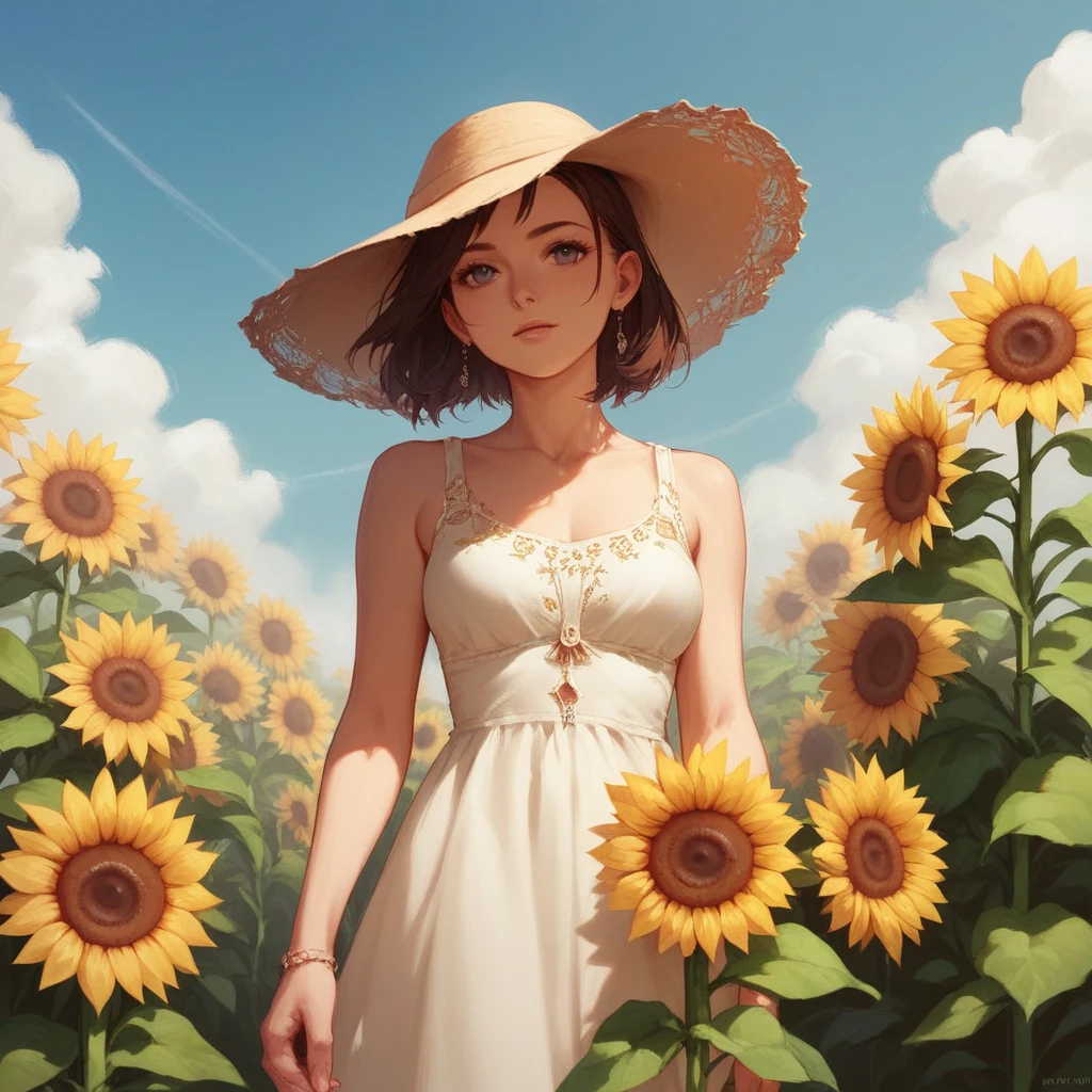 A field of sunflowers in the middle stands a 20 year old girl with a dress printed with sunflowers

