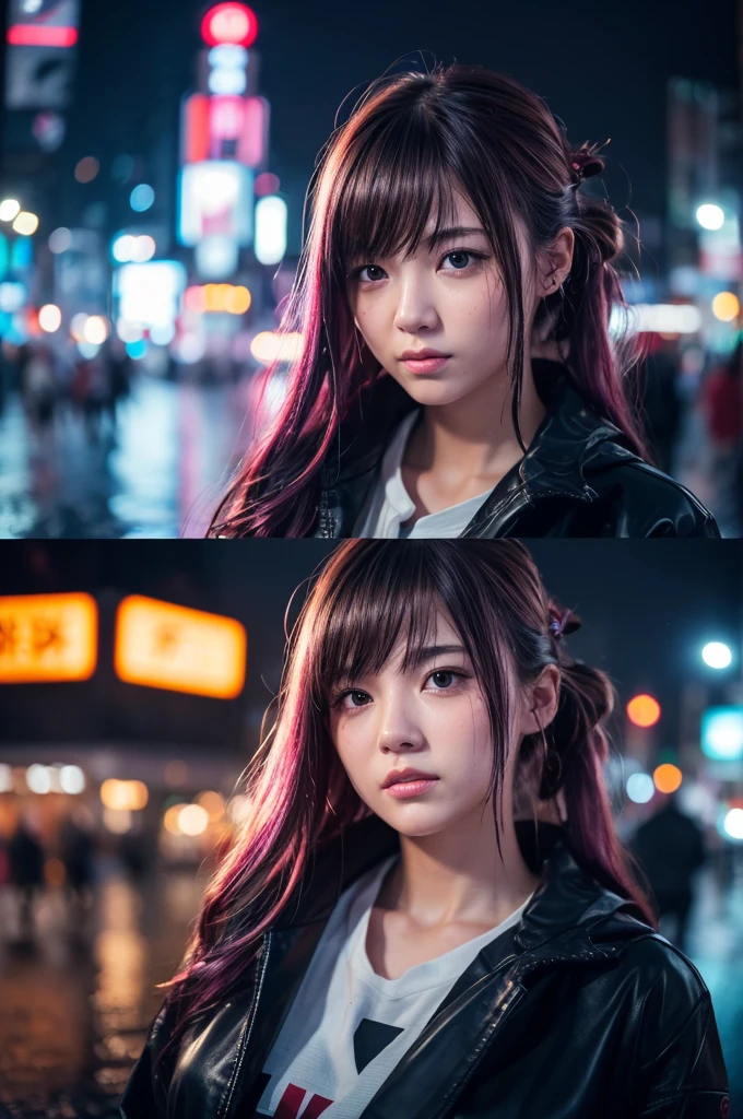 8k, RAW Photos, Highest quality, masterpiece:1.2),(Realistic, photo-Realistic:1.37),Tokyo Street,night, rain, Wet,Cityscape,night, Cyberpunk City,Soft Light,One girl,, Very beautiful face,bust,Put your hands down,Random Hairstyles,Random hair color,Random representation,Pigsney