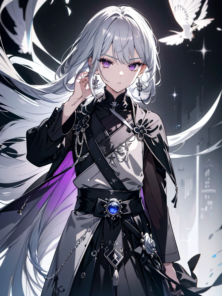 8k,High resolution RAW color art,Anime Art, (((Very detailed and cool))), Detailed skin, Blur、texture,(Exquisitely crafted, The finer details, Ultra-detailed art), (((One boy))), Depth of written boundary, Silky Touch, Hyper Detail, (((Cool face))), eye shadow、Silver Marble Skin, Beautifully detailed purple eyes, Beautiful lip detail, Very delicate face, Delicate depiction of hair and eyes, Detailed Fashion, Silver earrings,Silver Bracelet、Full body depiction, Black high neck、black waist cloak、 A little bit of grey hair、Semi-long hair、(((Hair)))、water surface、silk clotheatte、Soft clothes、cool、Food