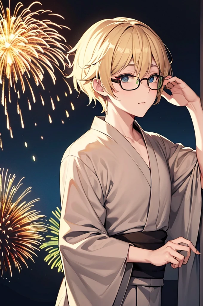 Blonde　Short Hair　Handsome　Black-rimmed glasses　Brown and green heterochromatic eyes　yukata　firework　night