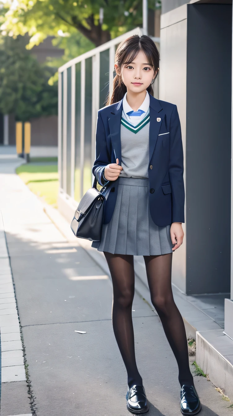 Great quality、8k、flying debris、(RAW Photos:1.4)、High resolution、((Composition away from the subject))、((Full body photo from face to ankles))、((Perfect Anatomy))、Small stature、、Glowing Skin、Baby Face、double eyelid、eyes with long eyelashes、、smile、Beautiful teeth alignment、Background is a school hallway、、middle School girl、Blue and grey school bag on shoulder、Slender and delicate body、、A blazer uniform with green lines、girl 、Check skirt、healthy、young woman、(black tights、black tights)、loafers、Full Body Shot、Beautiful Hairstyles、Accentuates very slim legs