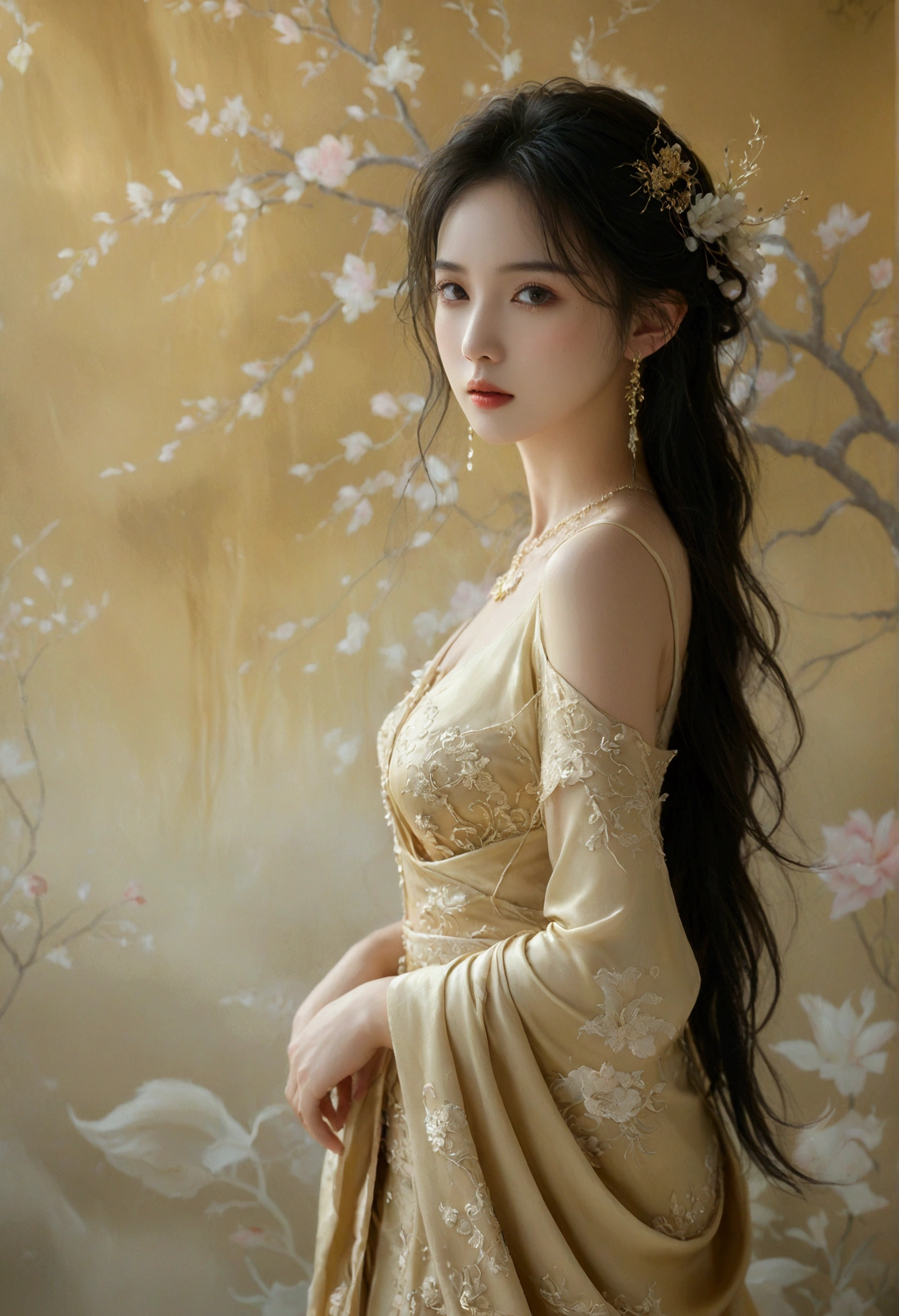 A picture of a very realistic, image of a beautiful woman, Thai dress, Elegantism, jewelry design, smooth silk gold attire, goddess, Thai artistic, Full body shot standing front of soft pastel satin wall, blooming, surreal dreamscape painting --c 33 --s 999 --v 6.0 --iw 1.5 --ar 5:8