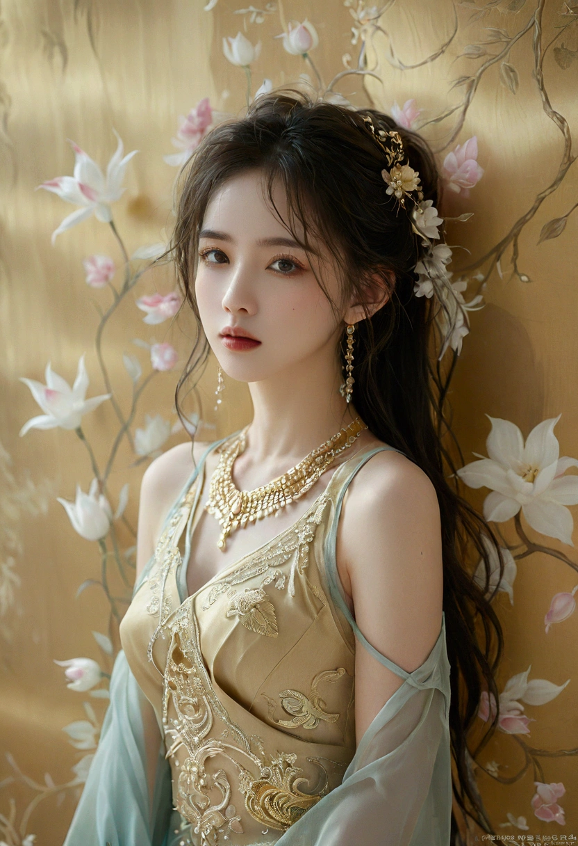 A picture of a very realistic, image of a beautiful woman, Thai dress, Elegantism, jewelry design, smooth silk gold attire, goddess, Thai artistic, Full body shot standing front of soft pastel satin wall, blooming, surreal dreamscape painting --c 33 --s 999 --v 6.0 --iw 1.5 --ar 5:8