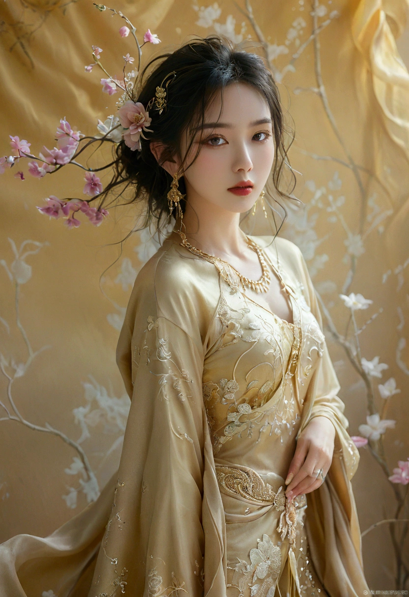 A picture of a very realistic, image of a beautiful woman, Thai dress, Elegantism, jewelry design, smooth silk gold attire, goddess, Thai artistic, Full body shot standing front of soft pastel satin wall, blooming, surreal dreamscape painting --c 33 --s 999 --v 6.0 --iw 1.5 --ar 5:8