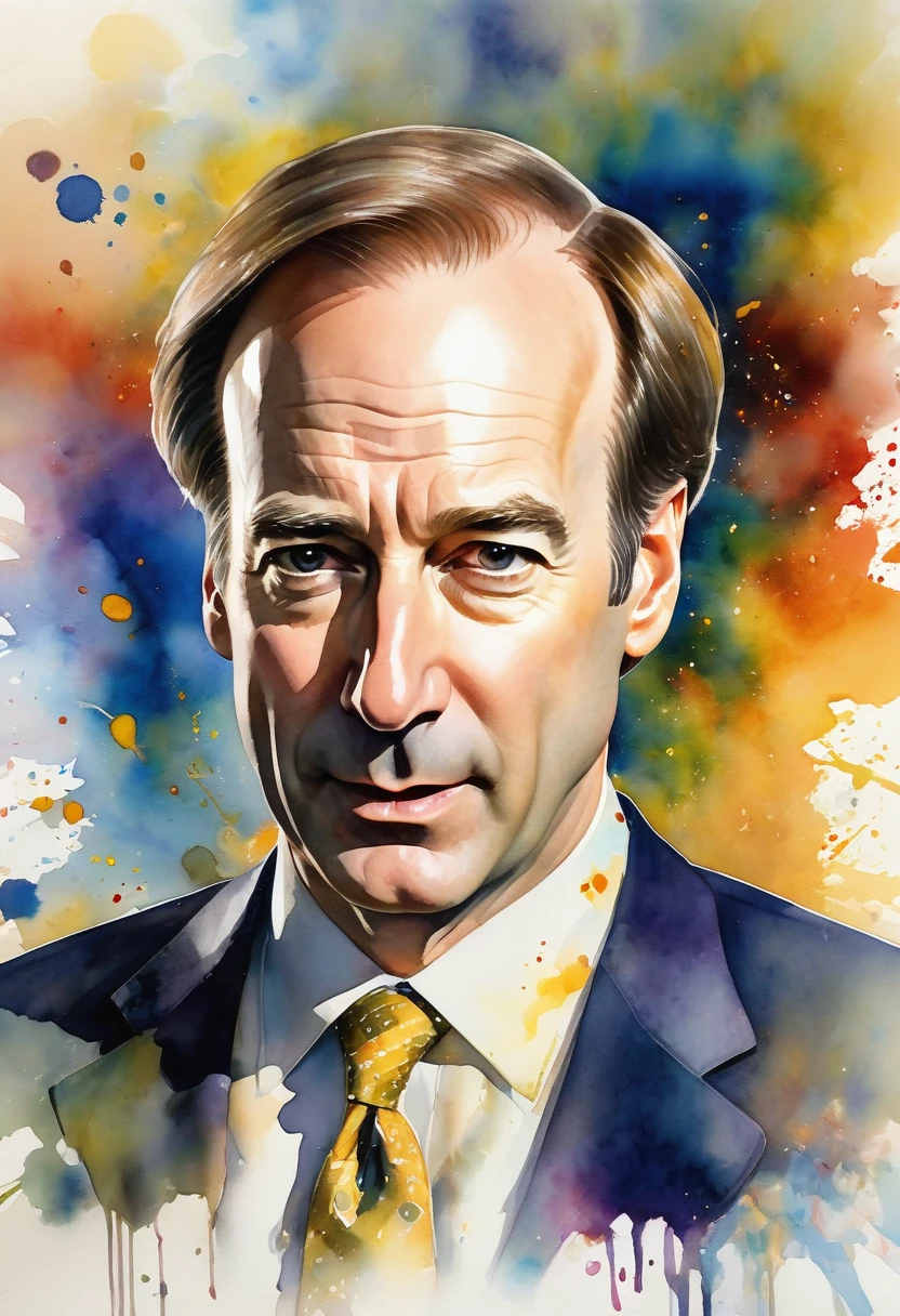 Watercolor painting of greedy lawyer Saul Goodman (Bob Odenkirk) Pictures that overlap with US documents, dramatic, Carne Griffith and Rembrandt, "Coquettish lawyers" Watercolor quick drawing, Stylized layered overlapping images, Disintegrating loose brushstrokes watercolor, Complex contrast, Soft volumetric lighting; V-Ray