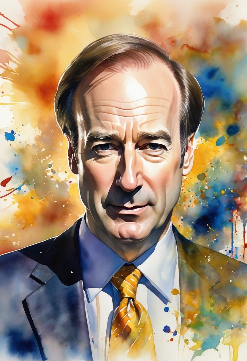 Watercolor painting of greedy lawyer Saul Goodman (Bob Odenkirk) Pictures that overlap with US documents, dramatic, Carne Griffith and Rembrandt, "Coquettish lawyers" Watercolor quick drawing, Stylized layered overlapping images, Disintegrating loose brushstrokes watercolor, Complex contrast, Soft volumetric lighting; V-Ray