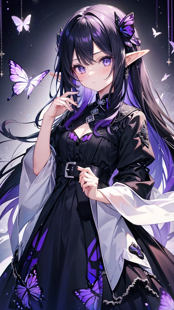 girl、Elf、The left eye is a dark purple with a black butterfly pattern, and the right eye is a light purple with a white butterfly pattern.、Long Black Hair、The clothes are black dresses that don't reveal much.、Using the magic of the purple gem、Small breasts、Expressionless