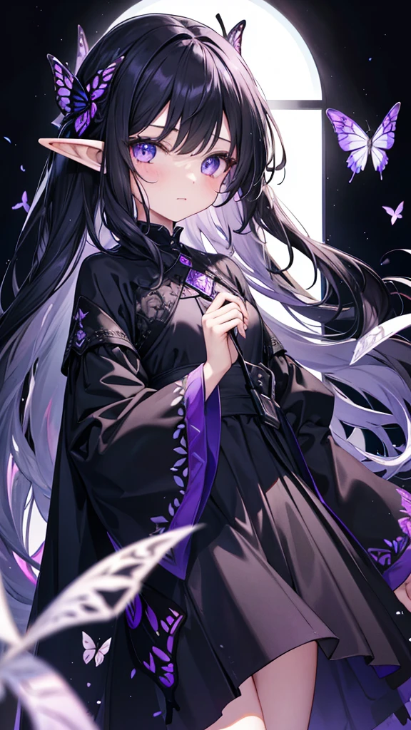 11 year old girl、Elf、The left eye is a dark purple with a black butterfly pattern, and the right eye is a light purple with a white butterfly pattern.、Long Black Hair、The clothes are black dresses that don't reveal much.、Using the magic of the purple gem、Small breasts、Expressionless