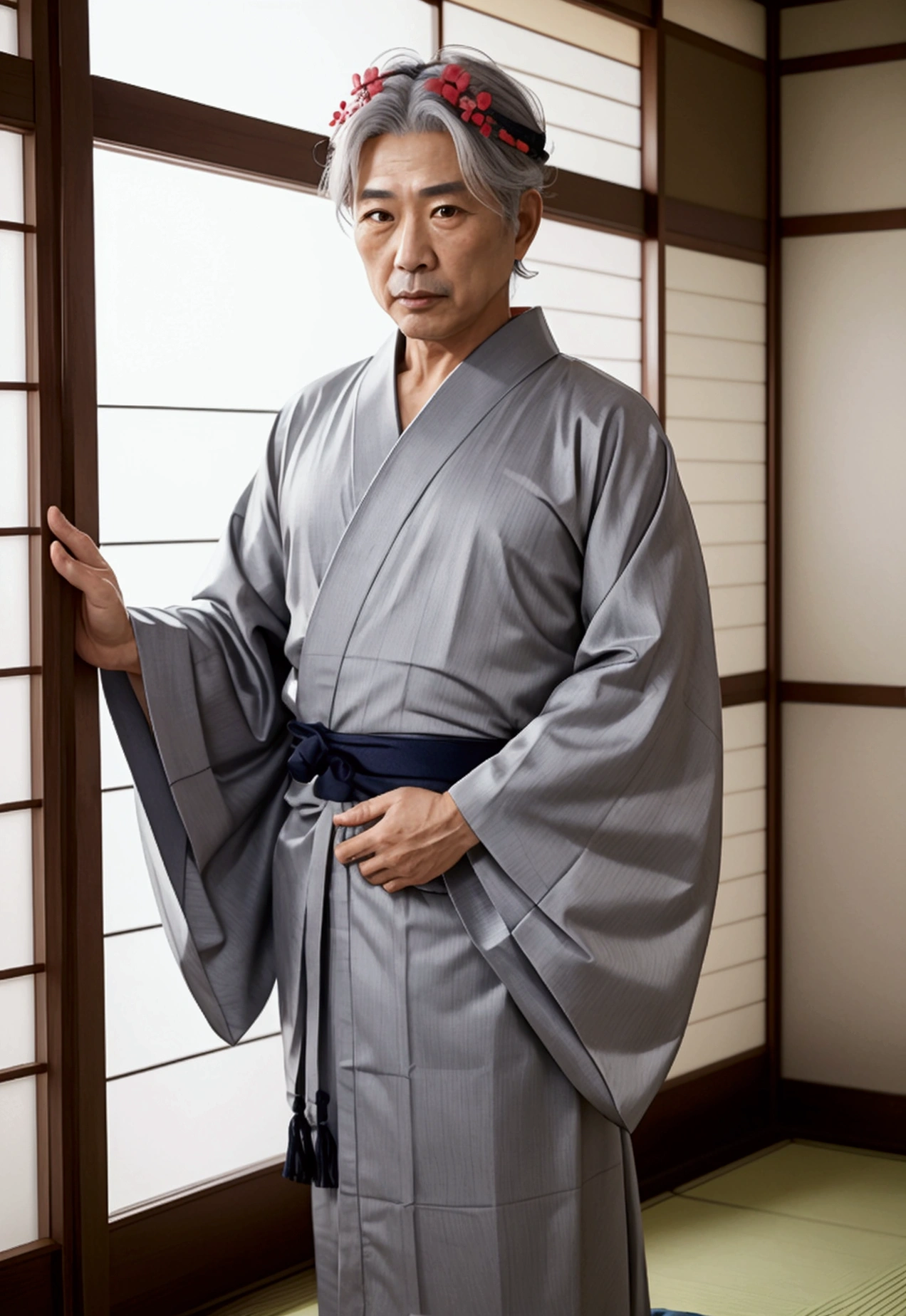 Japanese　50 years old　　male　kimono　yukata　Gray Hair　looks strong