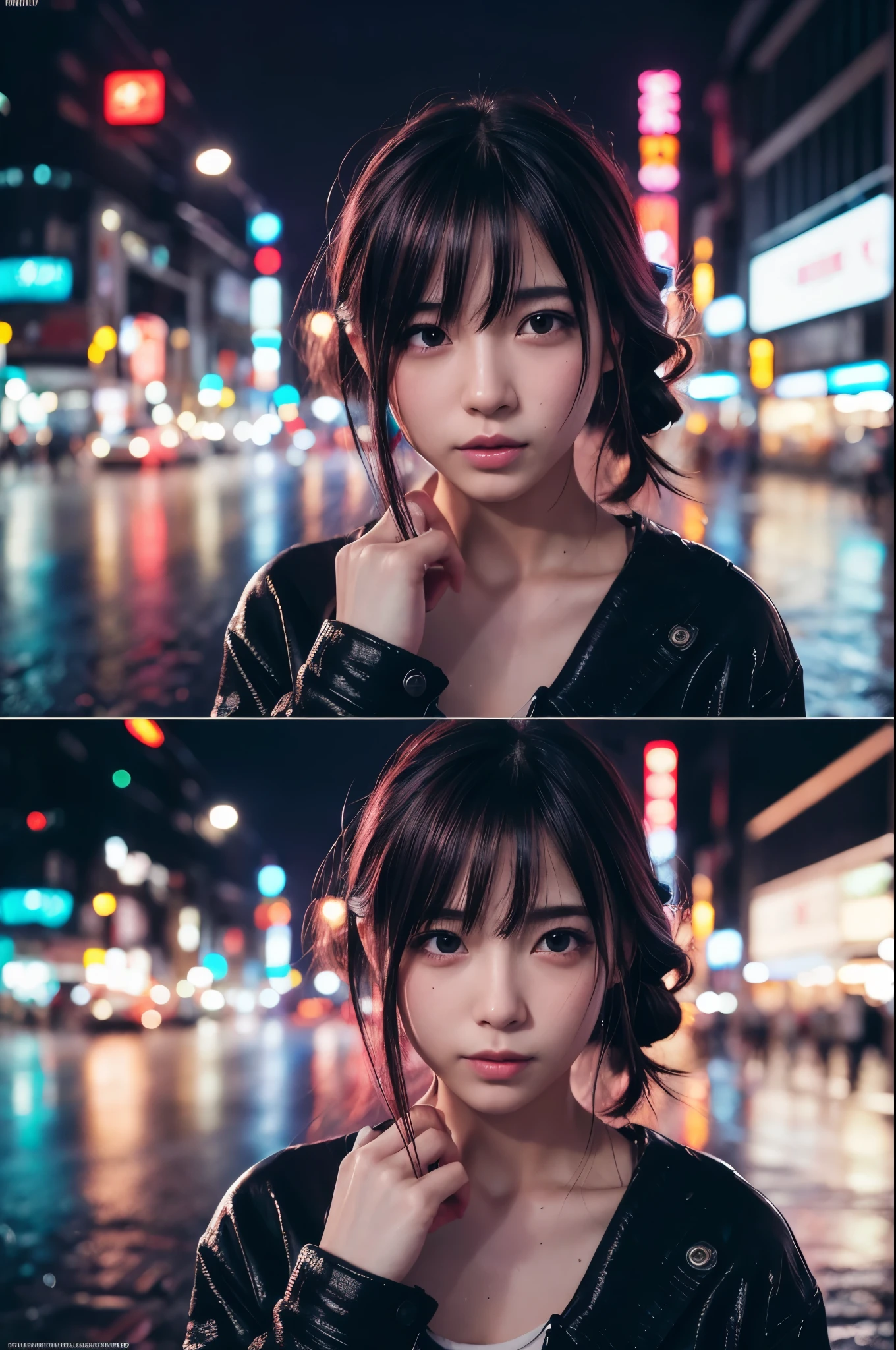 8k, RAW Photos, Highest quality, masterpiece:1.2),(Realistic, photo-Realistic:1.37),Tokyo Street,night, rain, Wet,Cityscape,night, Cyberpunk City,Soft Light,One girl,, Very beautiful face,bust,Put your hands down,Random Hairstyles,Random hair color,Random representation,Pigsney