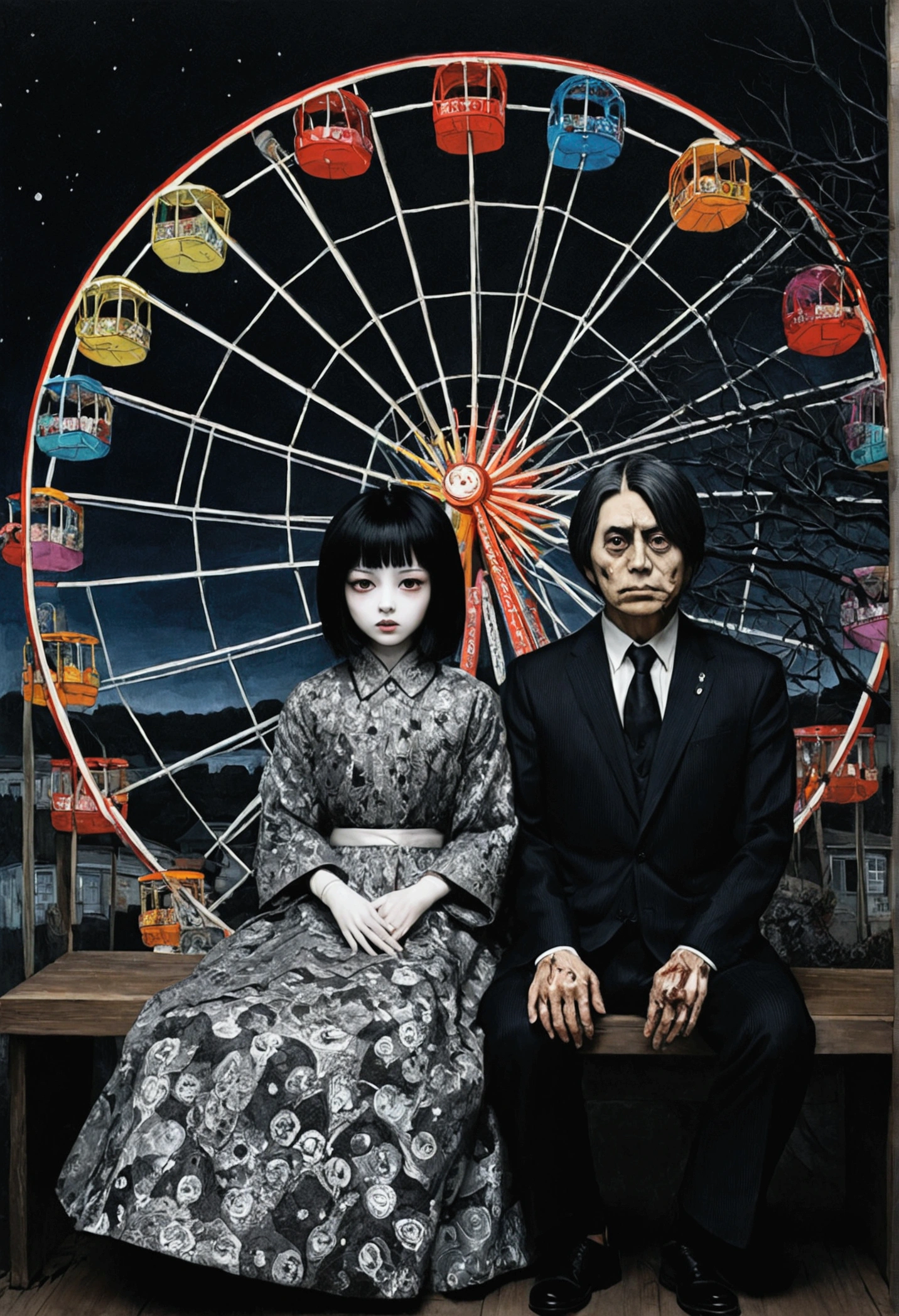 Ferris wheel seats、dark、darkness、Japanese doll with a cracked face、Looking at me、Sitting、Painting:Junji Ito