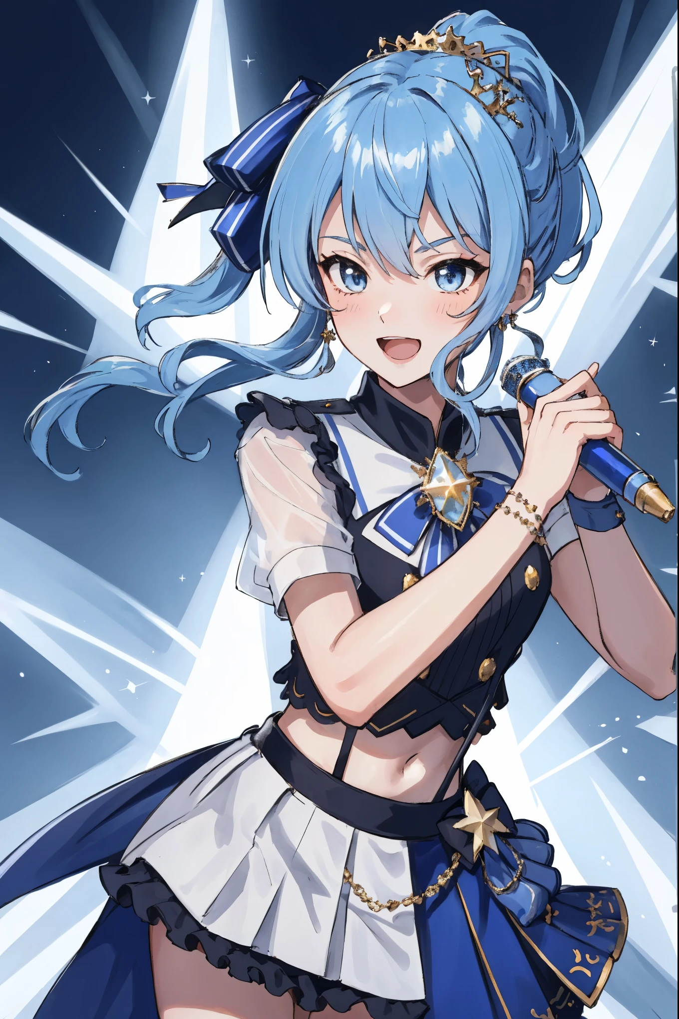 masterpiece, best quality, absurdres, 1girl, solo, Hoshimachi Suisei, light blue hair, blue eyes, happy, smile, parted lips, cowboy shot, sidelocks, ponytail, toned, 
idol, idol clothes, hololive idol uniform, bowtie, blue skirt, brooch, dress, concert, on stage, frilled skirt, jewelry, layered dress, short sleeves, tiara, midriff, thighhighs(,shout:1.5),.(open_mouth:1.3),singing,(angry:0.6), (glare:0.6), idle_live,audience_landscape,light up_girl,solo,shiny_effects,smile。joy,happy,
