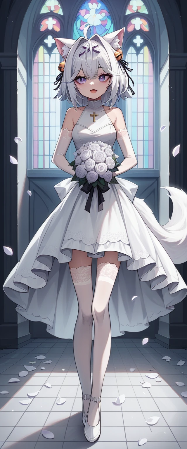 UHD, masterpiece, best quality, dramatic light, church, infront of the altar, 1girl, solo, Filian, fox tail, super small cat ears, white hair, short hair, ahoge, hairclip, hair bell, big and round eyes, deep violet eyes, ((dark purple eyes) , blush, happy smile, open mouth, a-line wedding dress, white veil, white lace arm sleeves, white glove, white lace stockings, white shoes with heals, slim arms, slim legs, Eye-Level Shot, holding bridal bouquet ,full body pose, innocent pose, raining flower petals, ((petals falling)