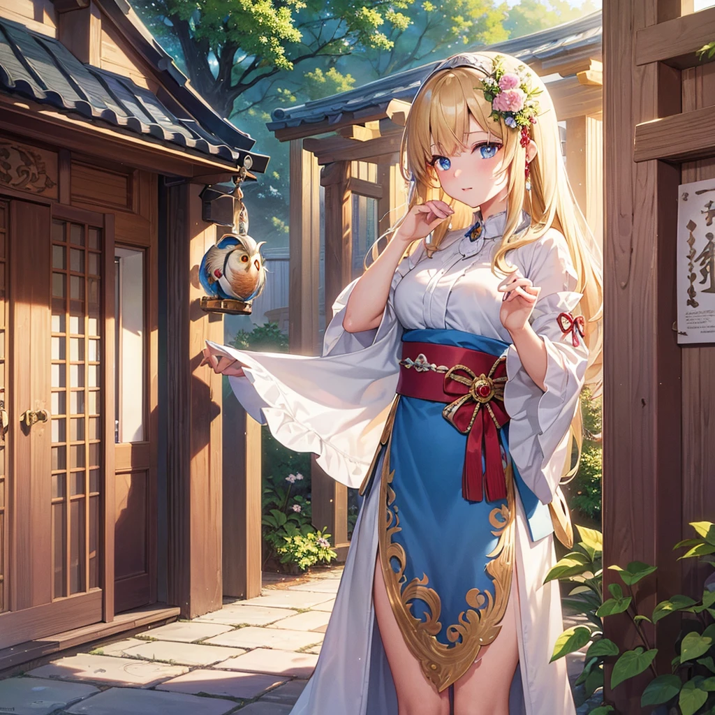 Highest quality, masterpiece, High resolution, detailed, Digital Art, Minerva VG, blue eyes, Blonde, Non-traditional Shrine Maiden, owl, 