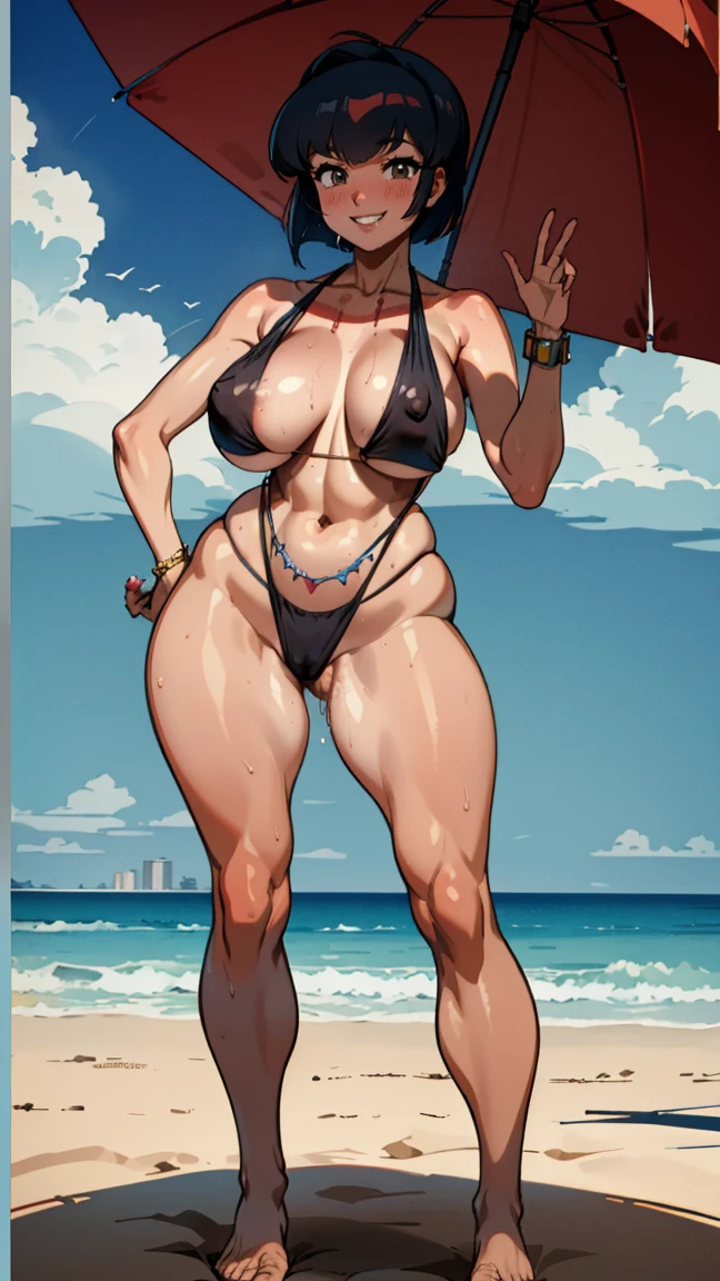 Nabiki Tendou,  milf, old woman, (( Venus body)), sports bikini, ((sports bikini,flushed, smile coqueta, seductora)) , (( flushed, smile, oiled skin, fornida)), picking up her breasts, ((piel clara, rubor, Caderas anchas)), Curvy body, ((big sagging breast, muslos gruesos, gran culo)), long legs, open legs,Iparuputsua, standing, ((de pie)), on the beach at day, city  in the distance, Cancun, image from below, de cara al sol