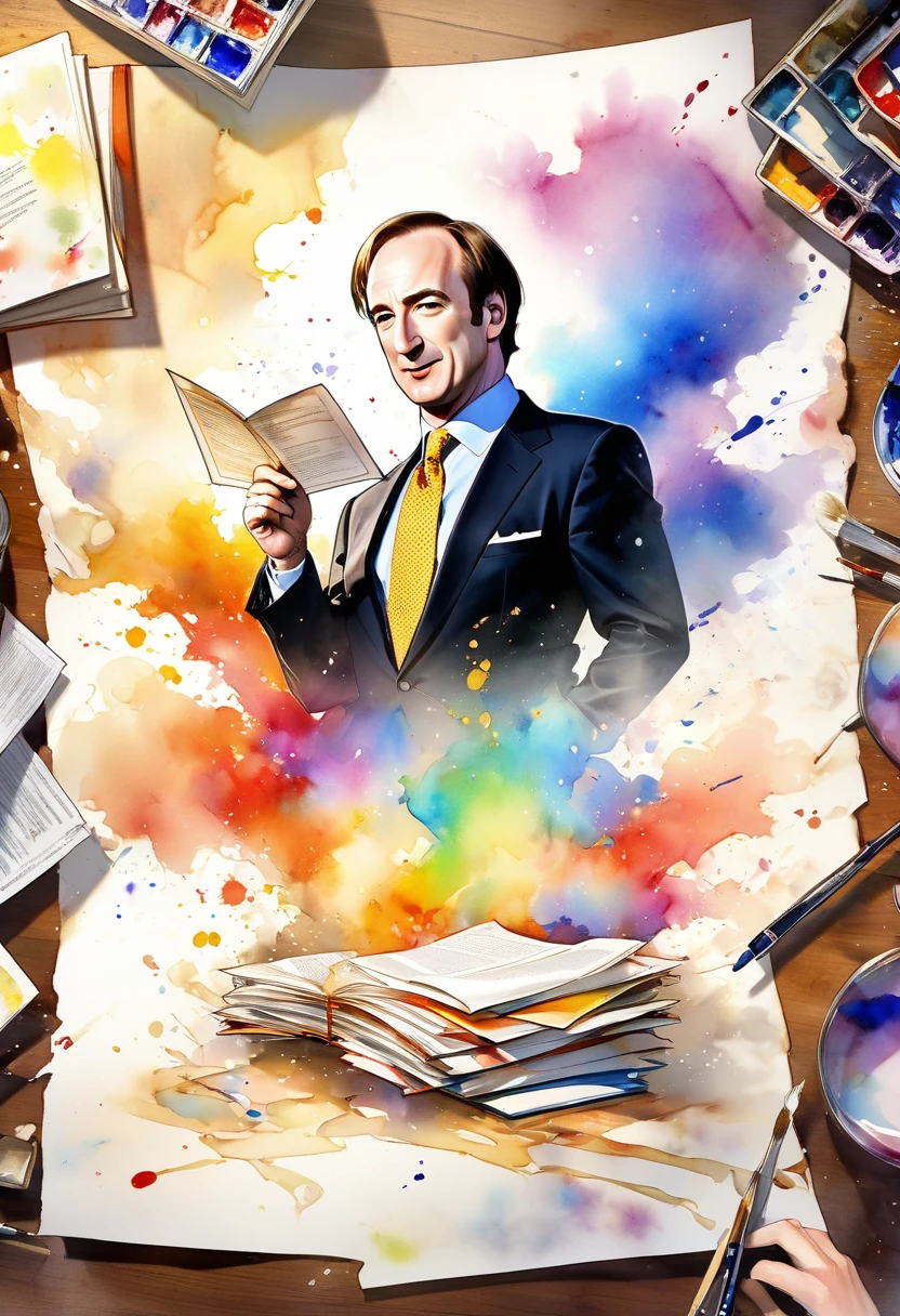 Watercolor painting of greedy lawyer Saul Goodman (Bob Odenkirk) Pictures that overlap with US documents, dramatic, Carne Griffith and Rembrandt, "Coquettish lawyers" Watercolor quick drawing, Stylized layered overlapping images, Disintegrating loose brushstrokes watercolor, Complex contrast, Soft volumetric lighting; V-Ray