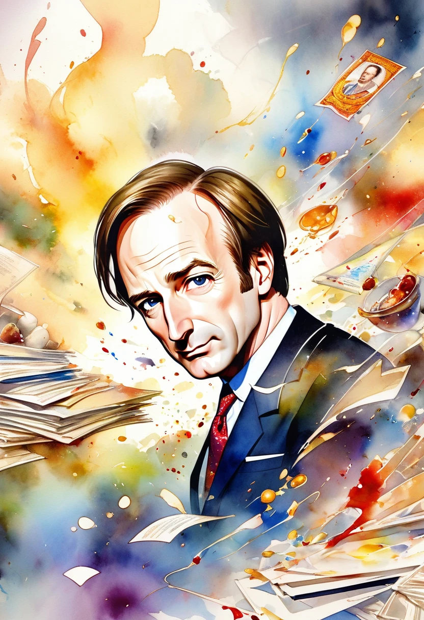 Watercolor painting of greedy lawyer Saul Goodman (Bob Odenkirk) Pictures that overlap with US documents, dramatic, Carne Griffith and Rembrandt, "Coquettish lawyers" Watercolor quick drawing, Stylized layered overlapping images, Disintegrating loose brushstrokes watercolor, Complex contrast, Soft volumetric lighting; V-Ray