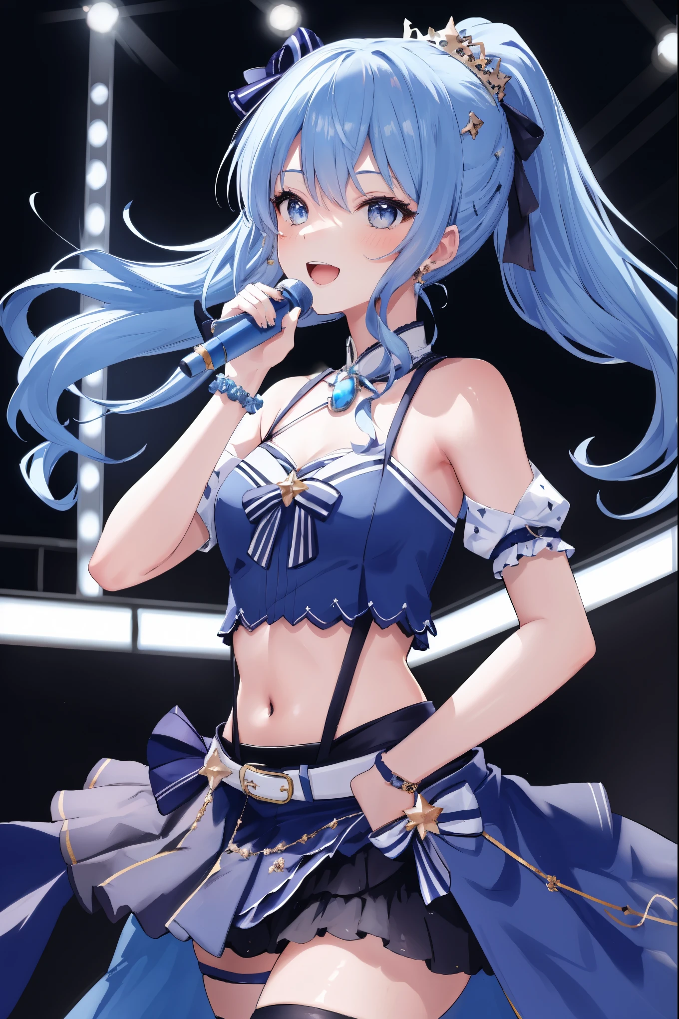 masterpiece, best quality, absurdres, 1girl, solo, Hoshimachi Suisei, light blue hair, blue eyes, happy, smile, parted lips, cowboy shot, sidelocks, ponytail, toned,
idol, idol clothes, hololive idol uniform, bowtie, blue skirt, brooch, dress, concert, on stage, frilled skirt, jewelry, layered dress, short sleeves, tiara, midriff, thighhighs(,shout:1.5),.(open_mouth:1.3),singing,(angry:0.6),, idle_live,audience_landscape,light up_girl,solo,shiny_effects,smile。joy,happy,