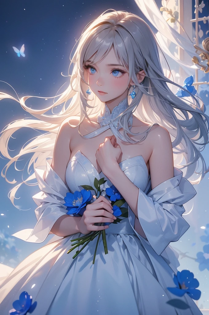 Create a stunning couple image for a cover picture. The boy should have striking white hair, wearing a sleek white t-shirt and a stylish white blazer, with captivating sky-blue eyes. The girl should have beautiful brown hair, flowing naturally, and wearing a soft, elegant outfit that complements the boy's attire. They should be standing close together, sharing a moment of gentle connection. In the background, incorporate an intricate design of blue flowers and soft, glowing light to create a serene and enchanting atmosphere. The overall aesthetic should be dreamy and romantic, perfect for a captivating cover picture.
