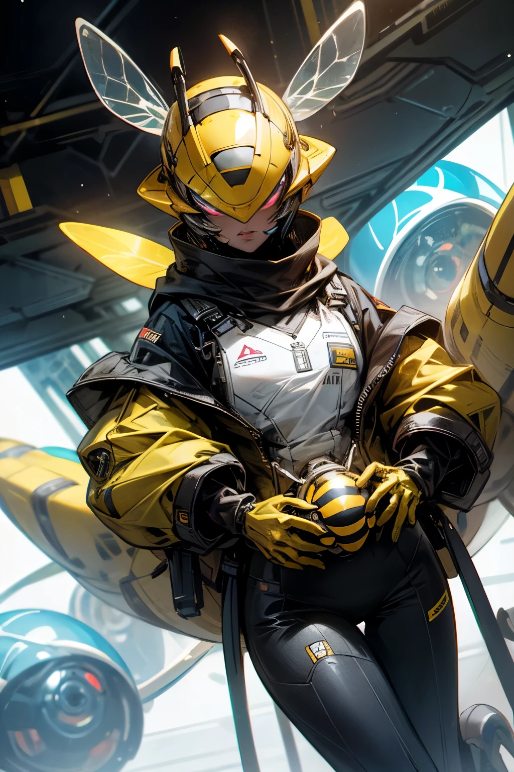 A bee-shaped alien. she is looking at the camera. She's in a spaceship.